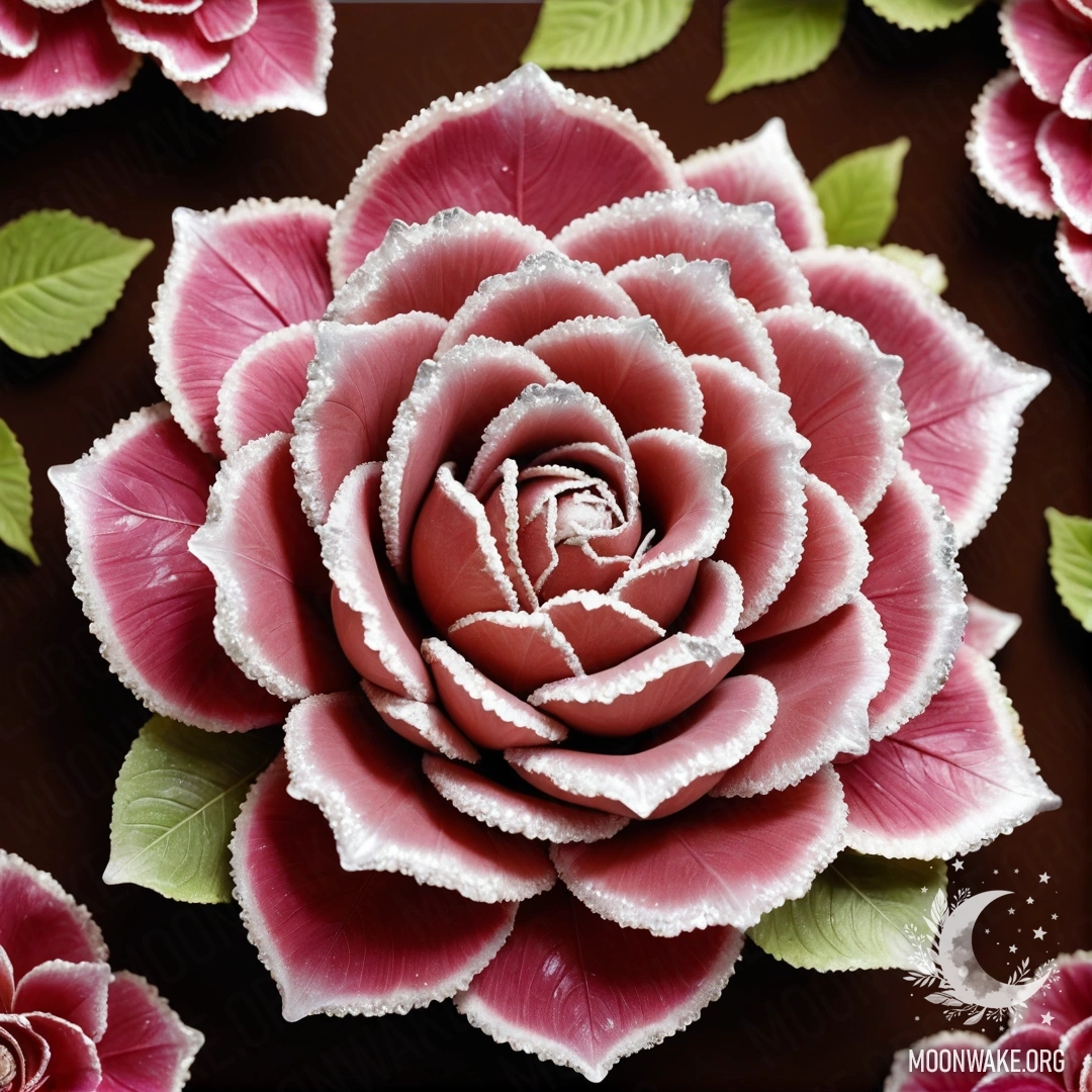 A stunning rose crafted entirely from shimmering geode, featuring petal-like structures made of geode and a geode stem with delicate leaves.