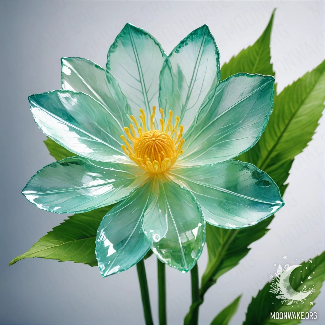 A delicate flower made entirely of glass, with clear petals, stem, and leaves.