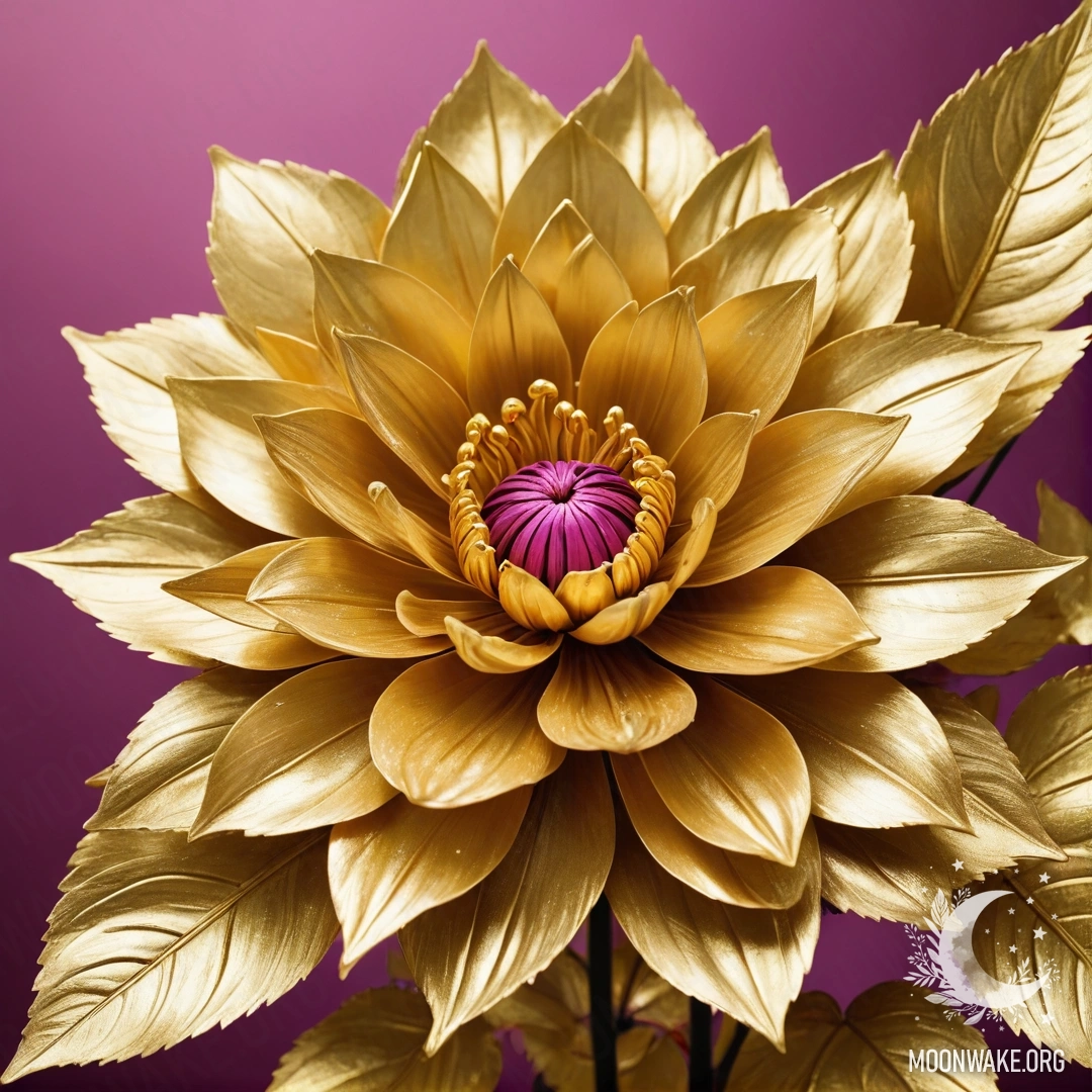 A mesmerizing golden flower with petals, stem, and leaves crafted from gold.