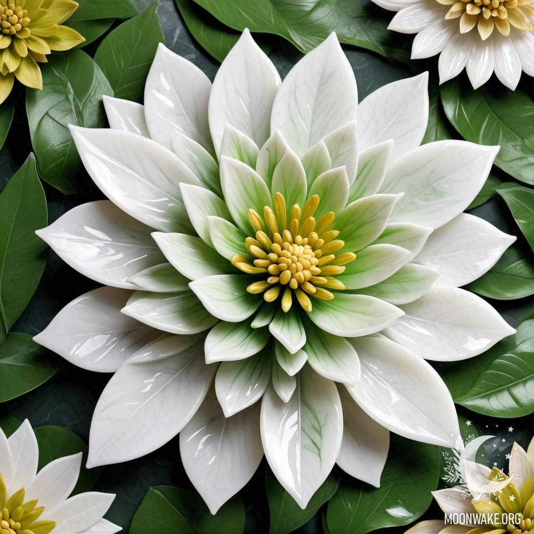 A magnificent flower made entirely of marble, showcasing intricately carved petals, stem, and leaves.