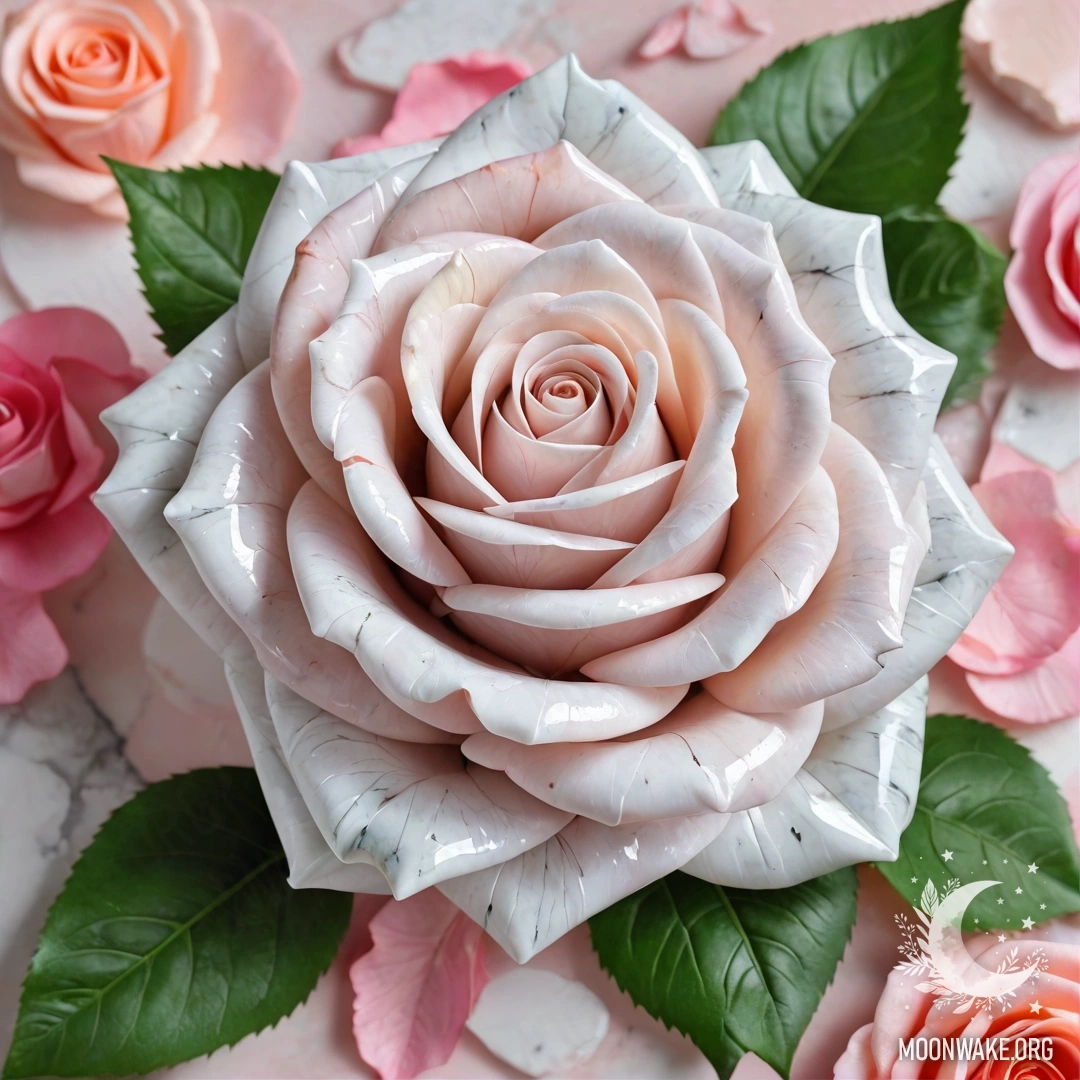 A stunning rose sculpture made entirely of marble, featuring marble petals, stem, and leaves.