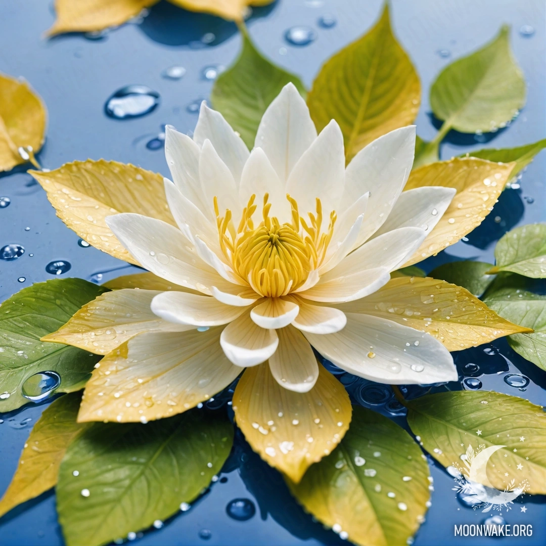 A beautiful flower crafted entirely from water art, featuring delicate petals, a slender stem, and lush leaves, all shimmering with a watery sheen.