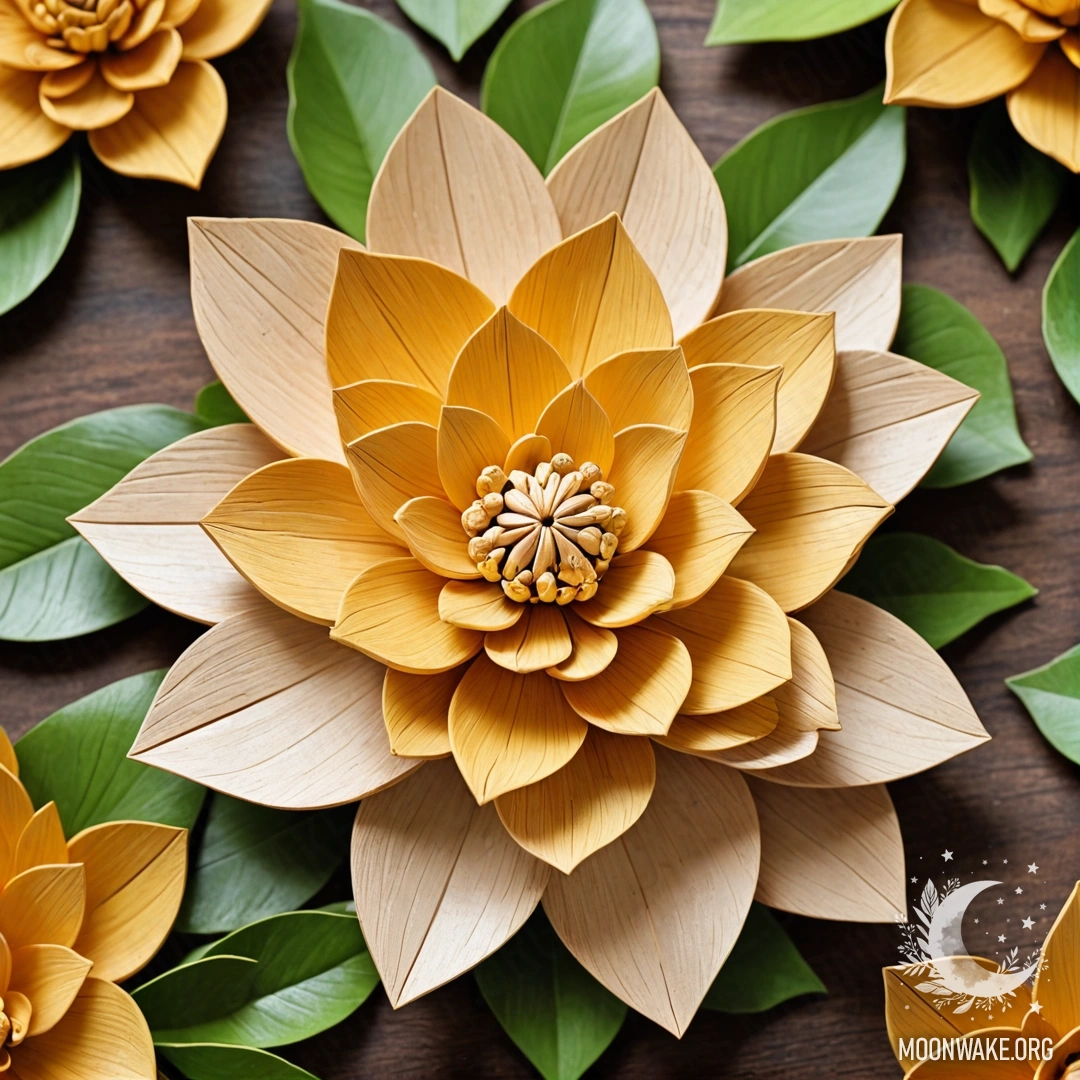 A stunning flower made entirely of wood, featuring wooden petals, stem, and leaves.