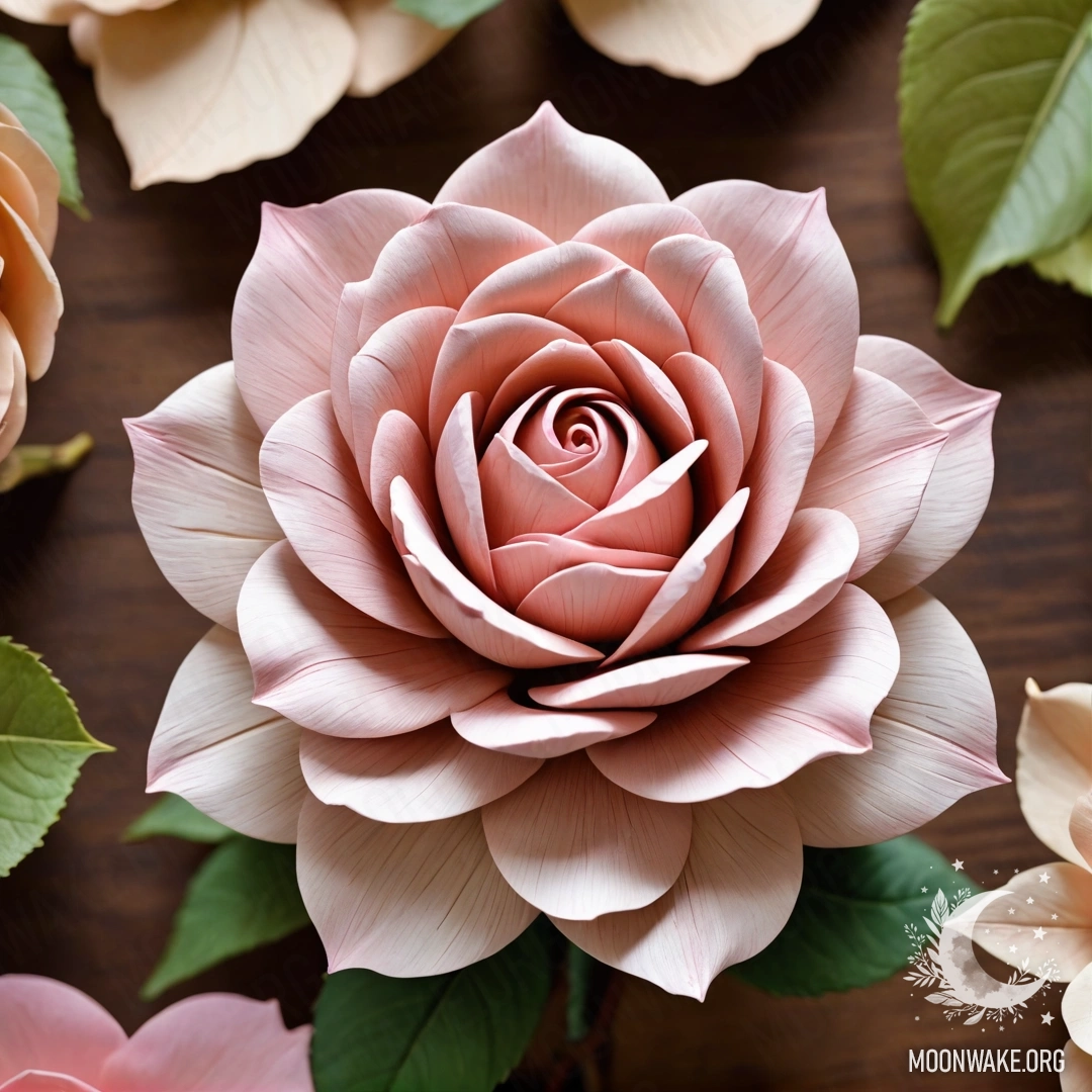 A beautifully crafted rose made entirely of wood, featuring wooden petals, stem, and leaves.