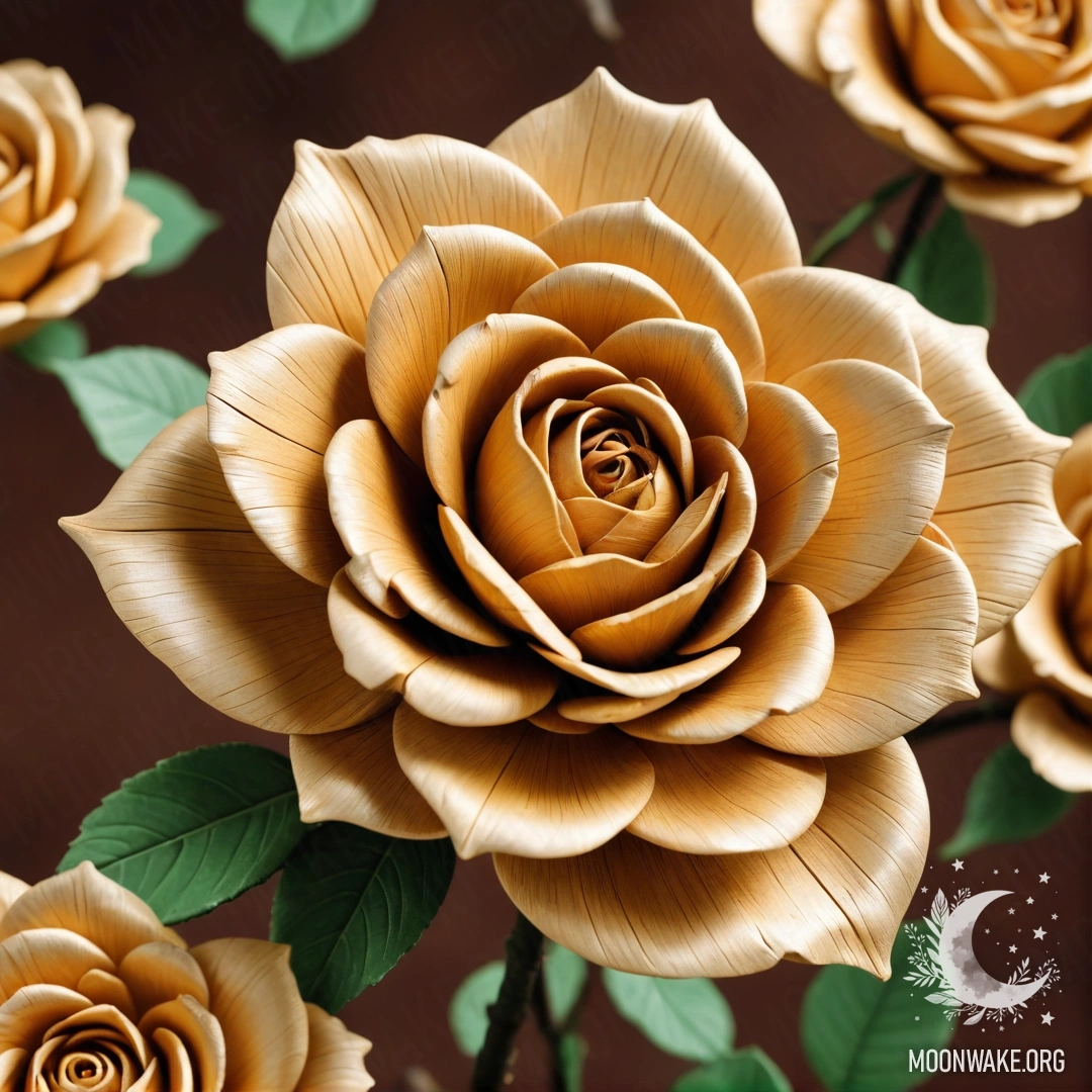 Fantastic Wooden Rose A wooden rose with petals, stem, and leaves all made of wood.