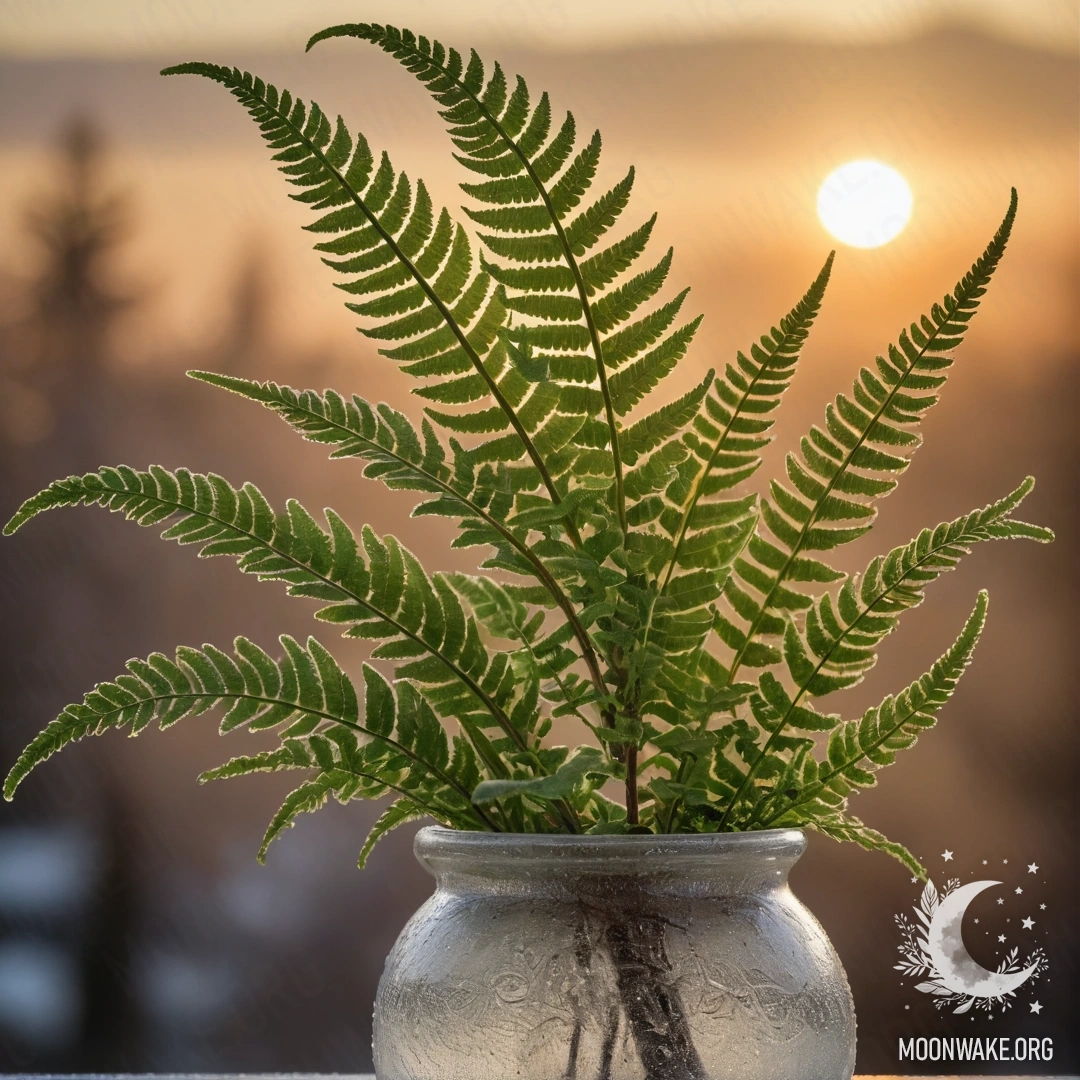 A beautiful fern in a frosty vase at sunset, featuring an olive color.