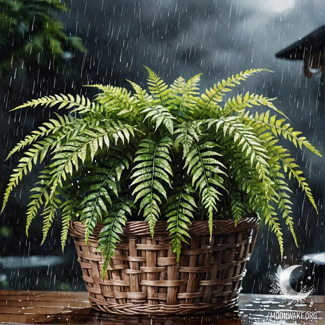 A minimalist arrangement of a fern in a coffee-colored basket, illuminated by raindrops in the night.