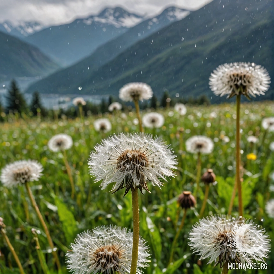 Dandelion Field Under Rain Close-up of dandelions in a field with blurred mountains in the background, rain falling softly.