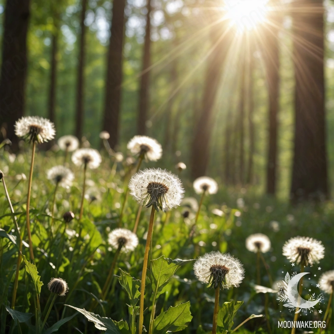 A close-up view of dandelions in a field with a blurred forest background.