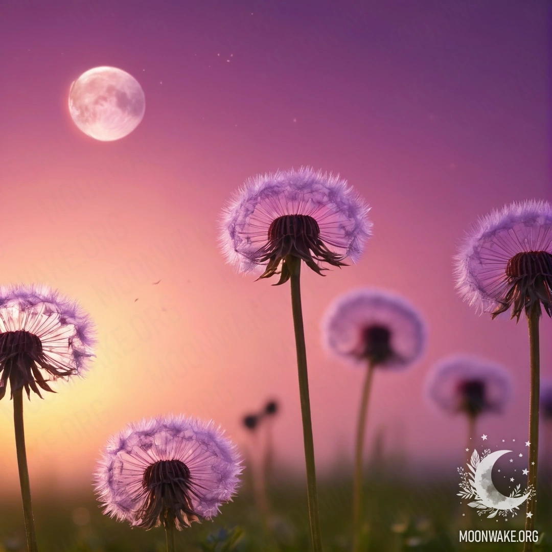 Dandelions Under a Pink Sky at Sunset Close-up view of dandelions against a pink violet sky with the moon.