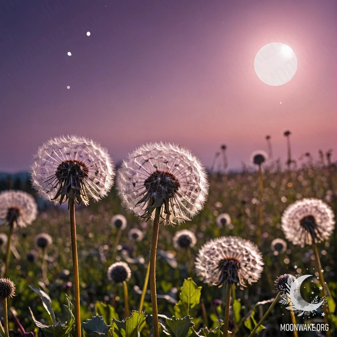 A close-up view of a field of dandelions with a pink violet sky and the moon surrounded by the sun.
