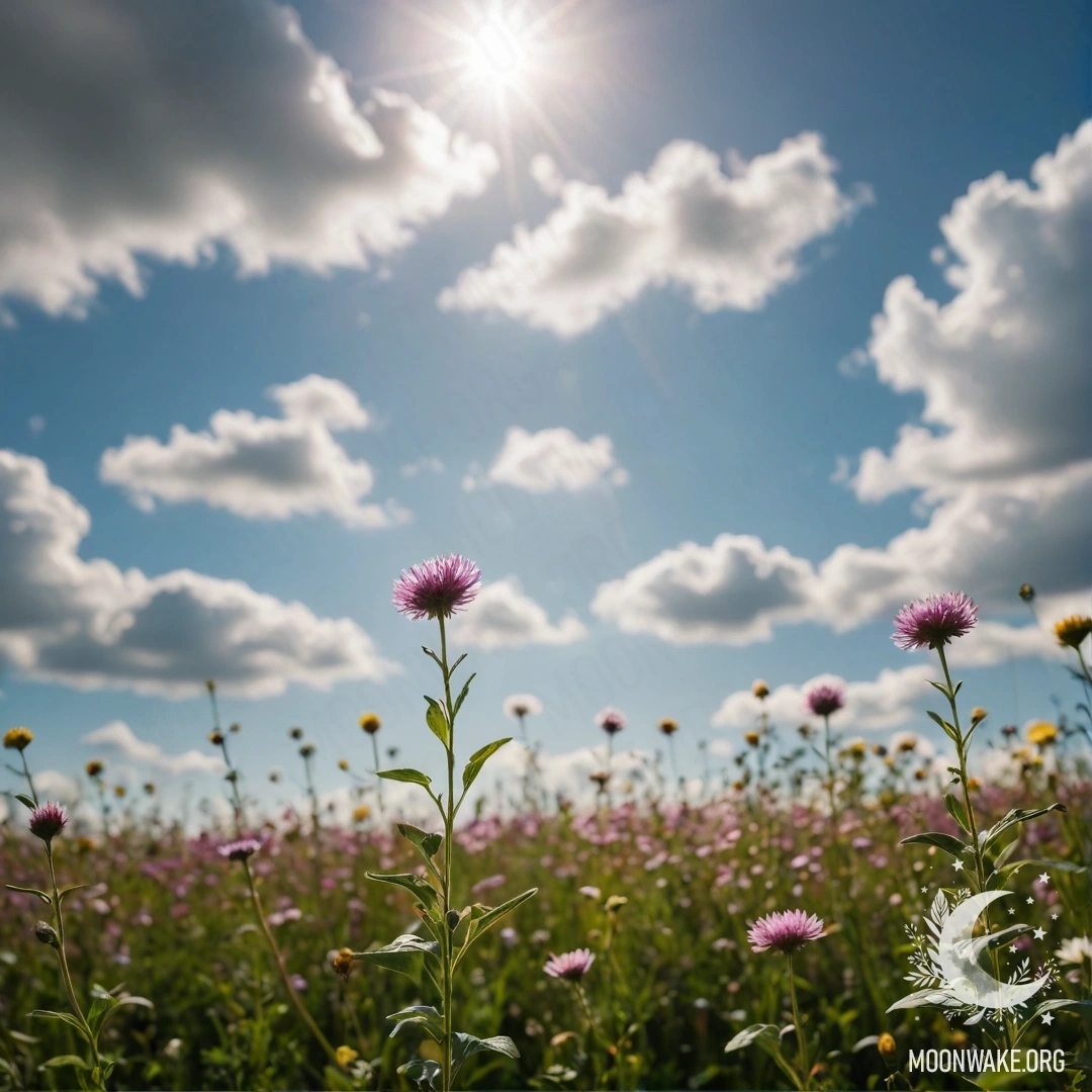 Field Flowers in Bokeh A close-up of delicate field flowers against a beautifully blurred sky with clouds.