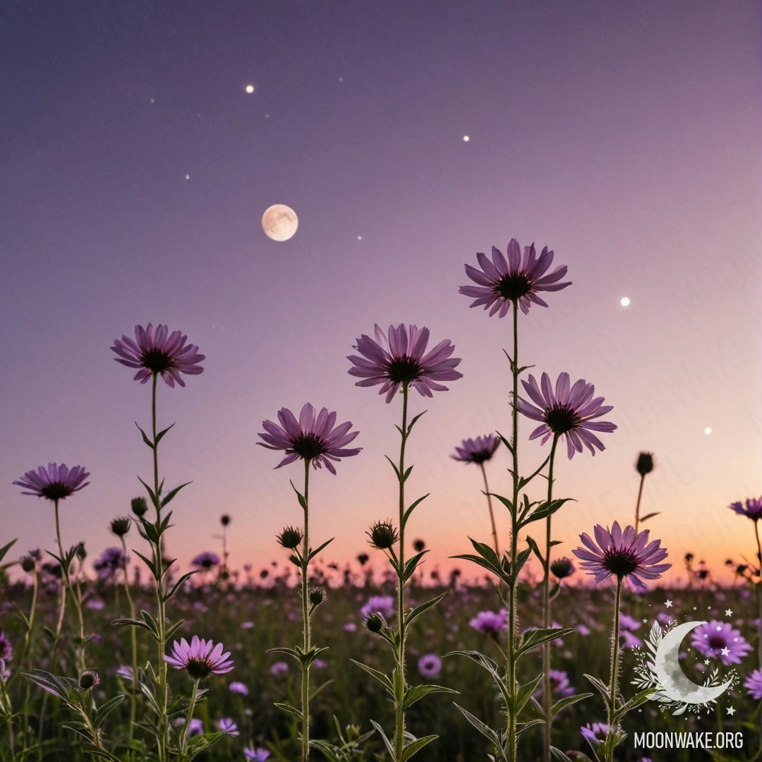 Field Flowers Under a Pink Twilight Sky Close-up of vibrant flowers in a field with a pink violet sky and a moon in the background at sunset.