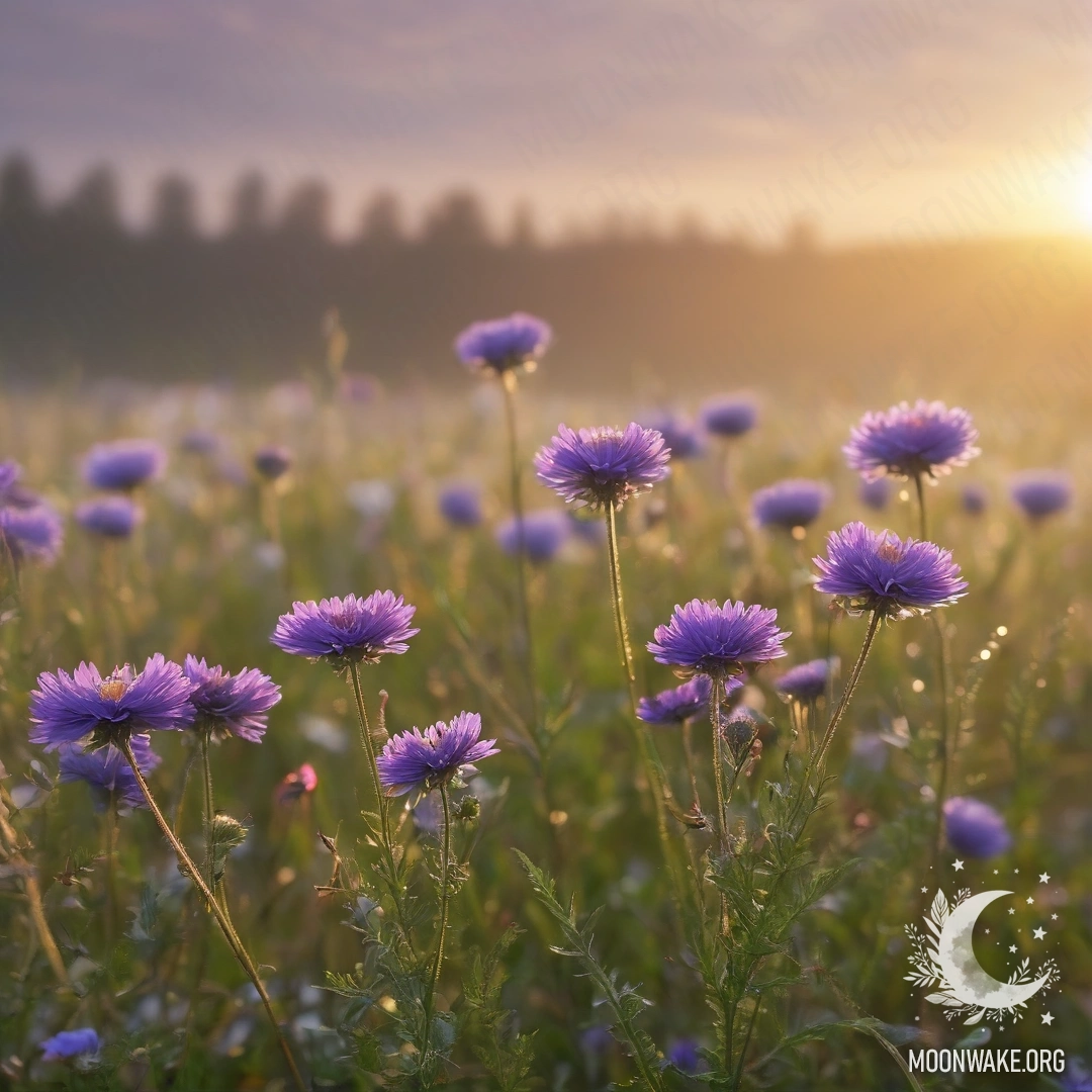 Close up of beautiful field flowers with bokeh effect and fog at sunset.