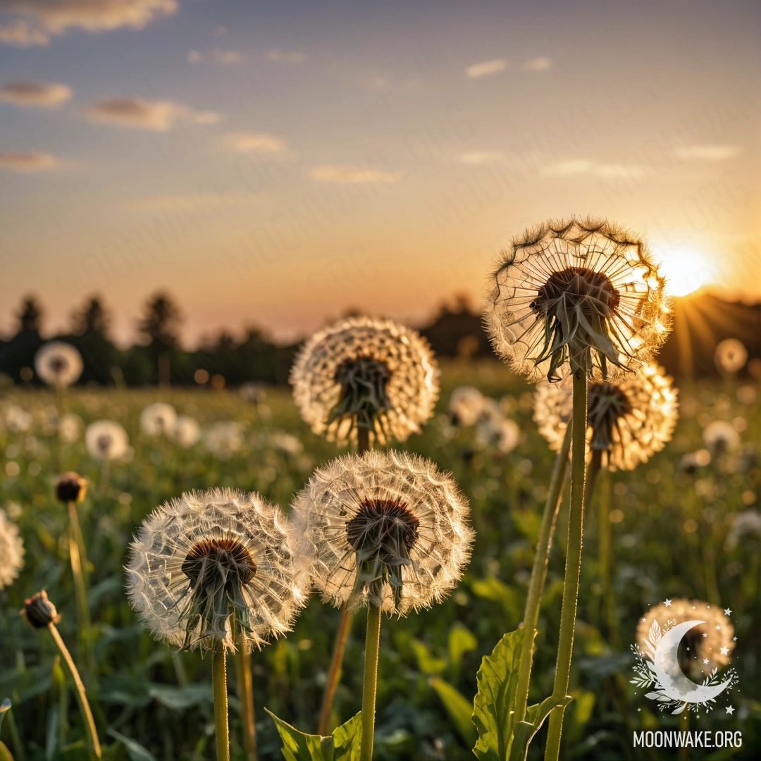 Close-up of dandelions in a beautiful field against a bokeh sunset.