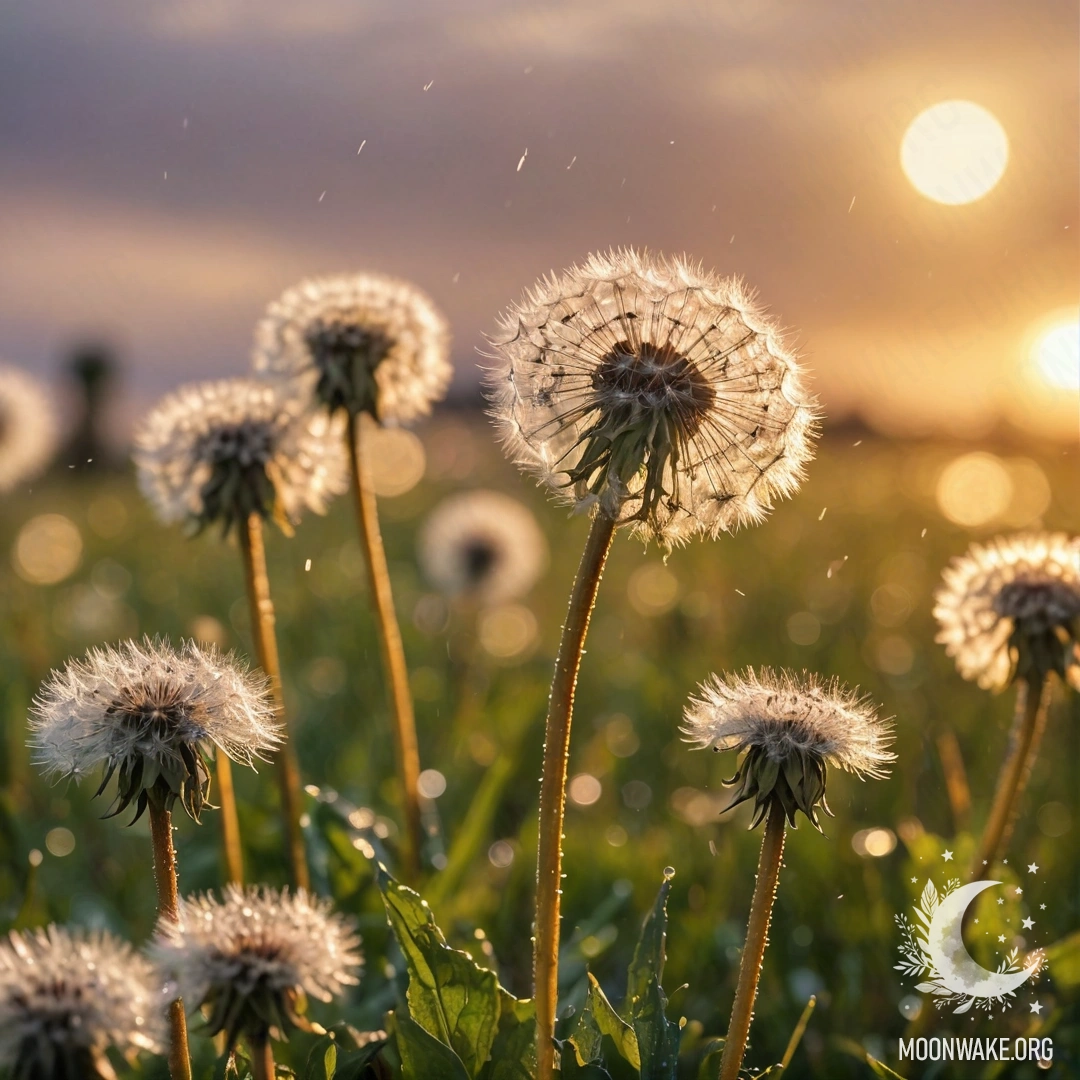 Dandelion Field at Sunset Close-up of dandelions in a beautiful field during sunset with bokeh effects and rain.