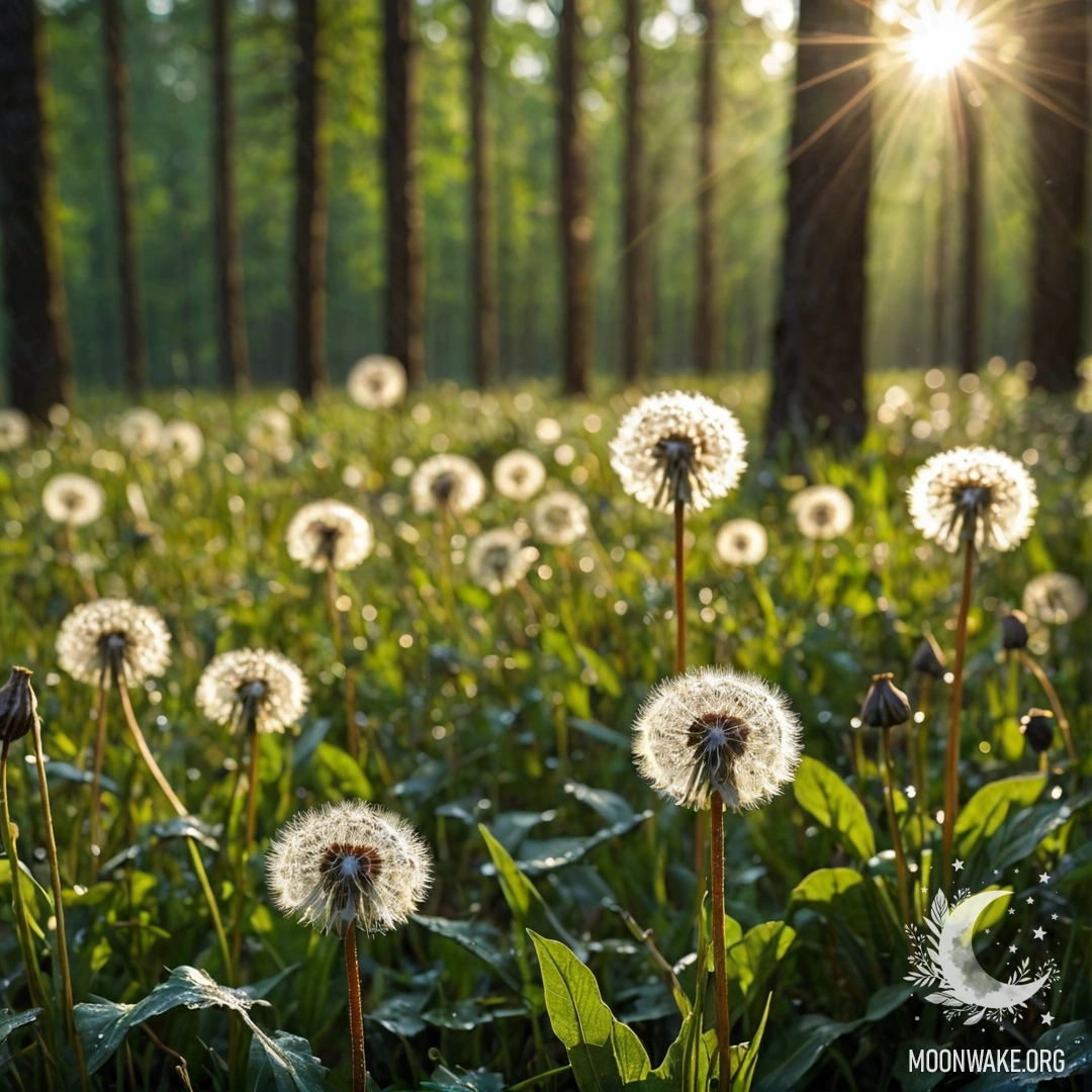 Close-up of dandelions in a field with blurred forest background and sunlight.