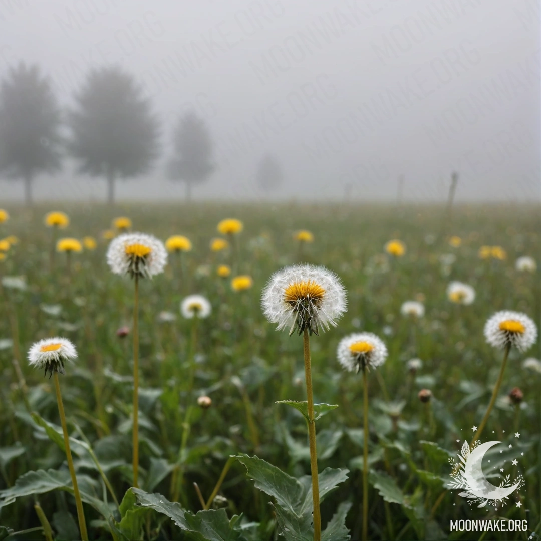 Close-up view of dandelions in a foggy field with blurred flowers in the background.