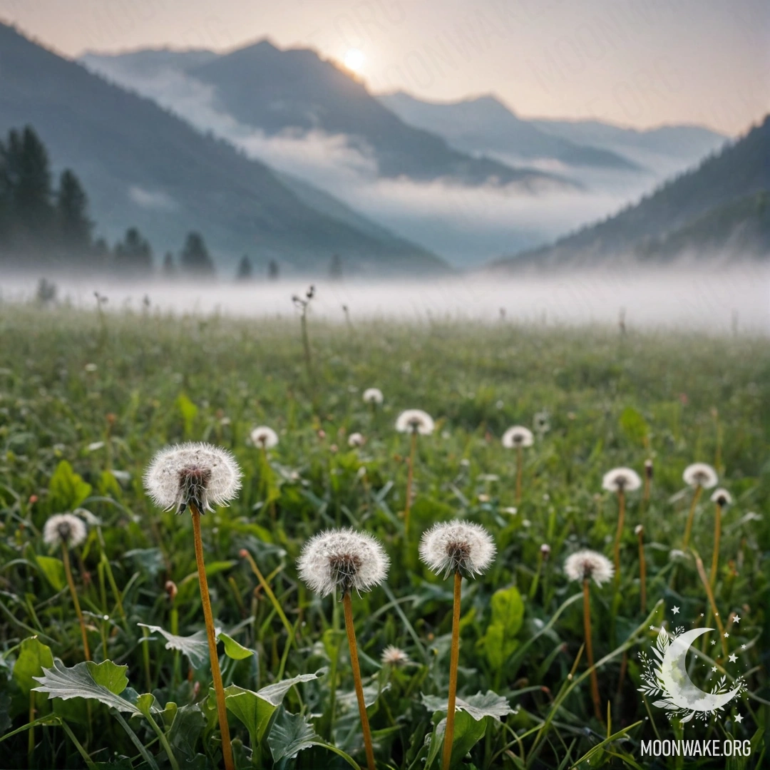A close-up of dandelions in a field with blurred mountains in the misty background.