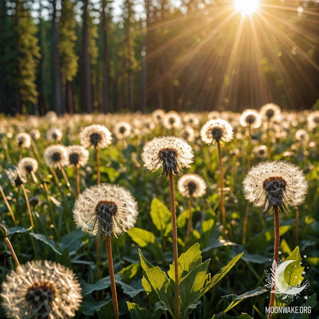 Close-up of dandelions in a beautiful field with a bokeh forest background and sun rays during sunset.