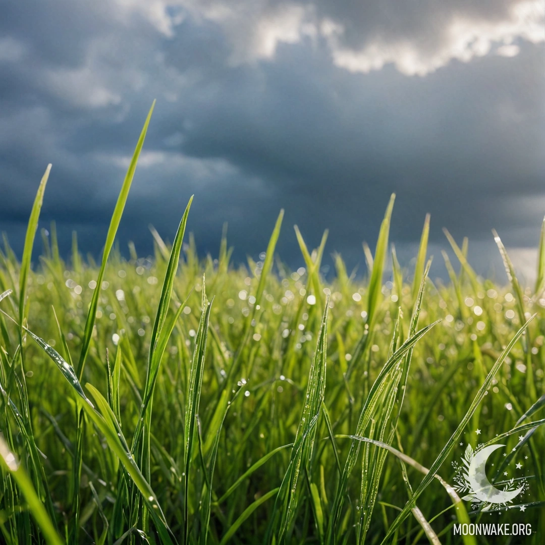 Field of Grass Against Bokeh Sky Close-up of grass in a beautiful field with a dreamy bokeh sky and clouds, under soft rain.