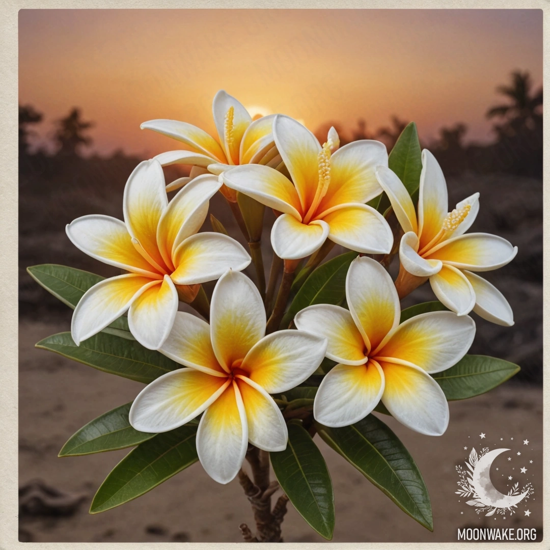 Fiery Plumeria in Frost A bouquet of fire-shaped plumeria amidst frost at sunset.