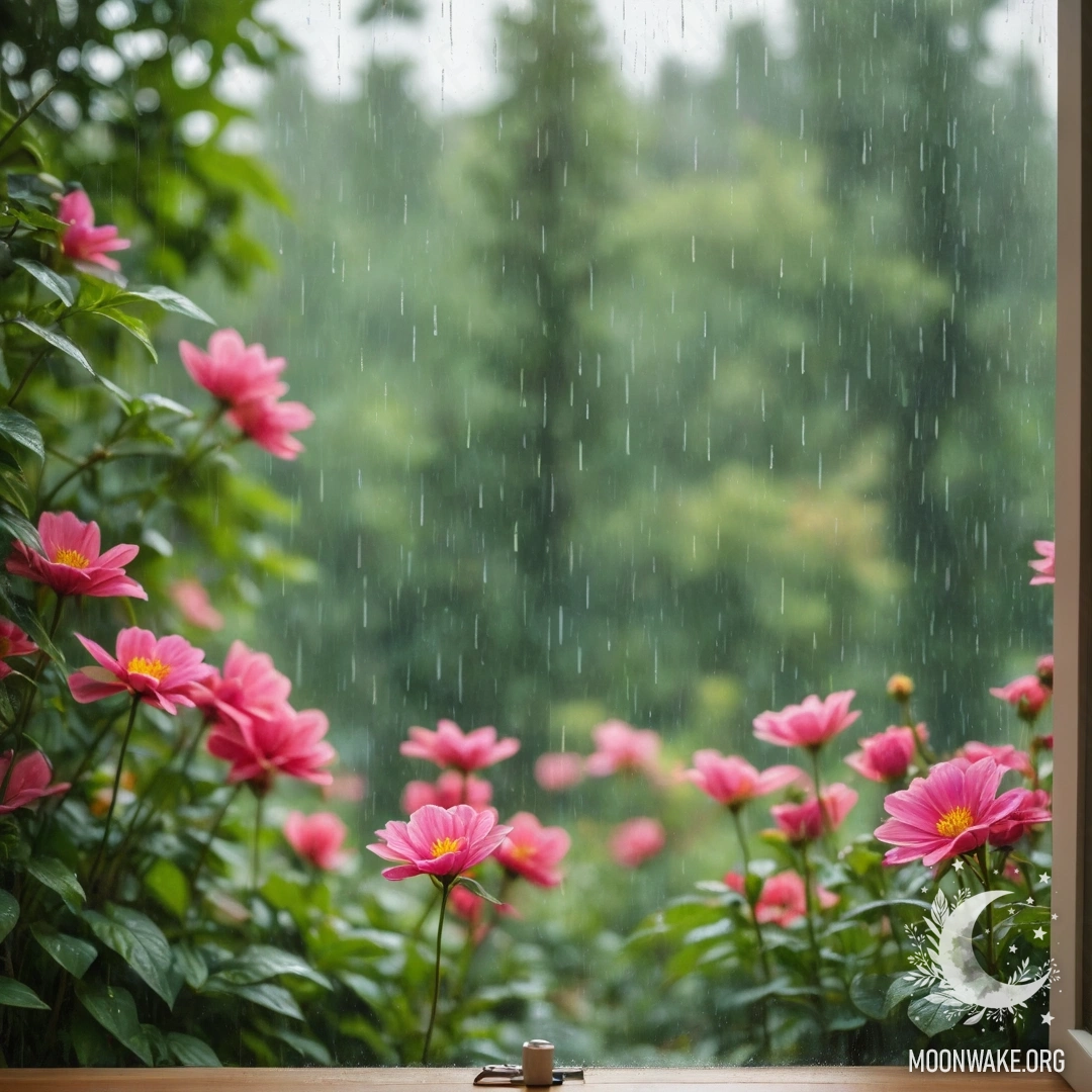 Floral Curtain Over a Blooming Garden A close-up view of a floral print curtain with a blurred blooming garden beyond the window, seen under the rain.