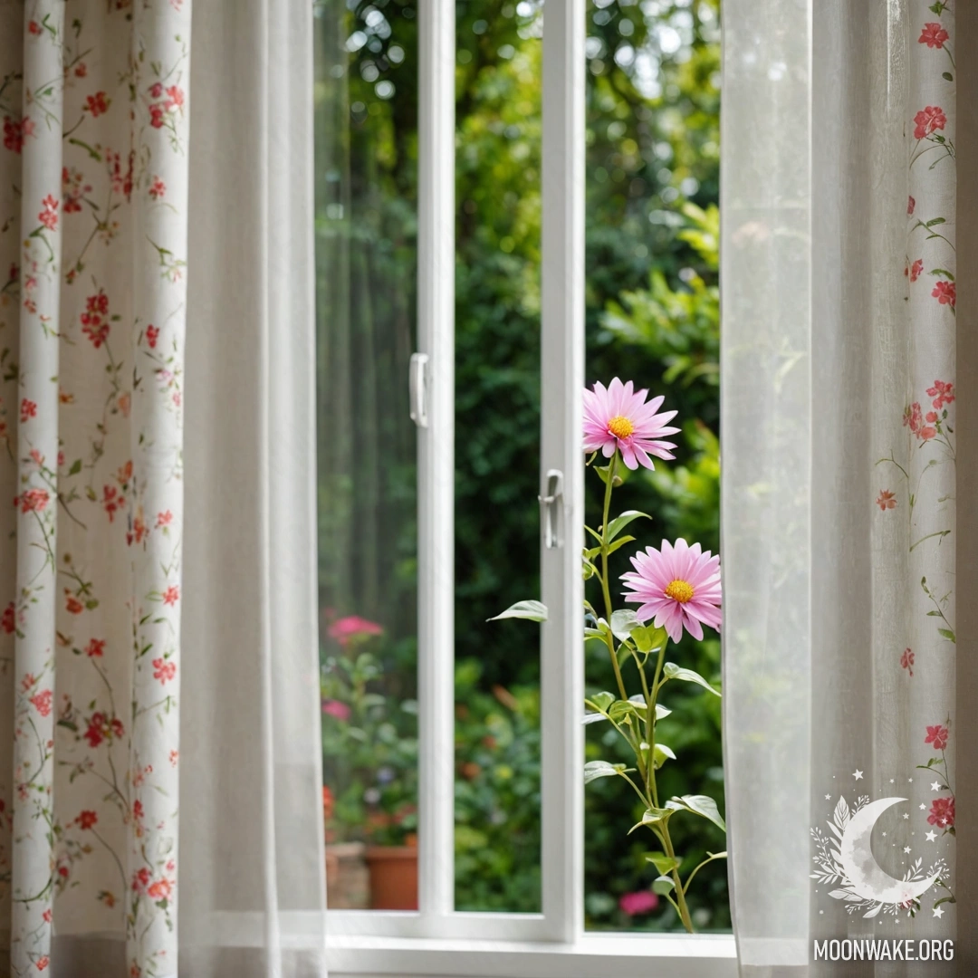 Close-up of a floral patterned curtain, with a garden view blurred in the background.