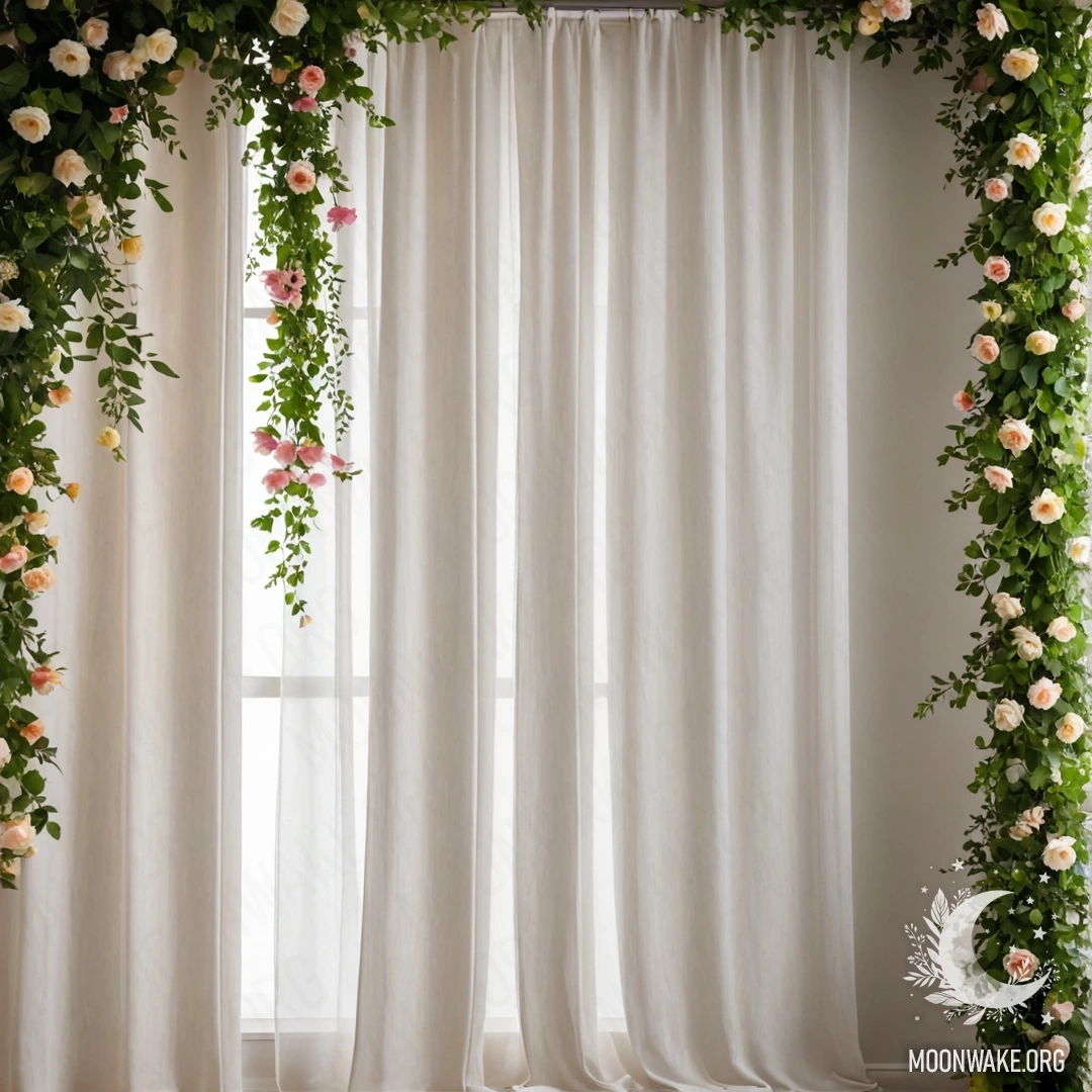A close-up of a floral print curtain in front of a window, with a blurred blooming garden outside.