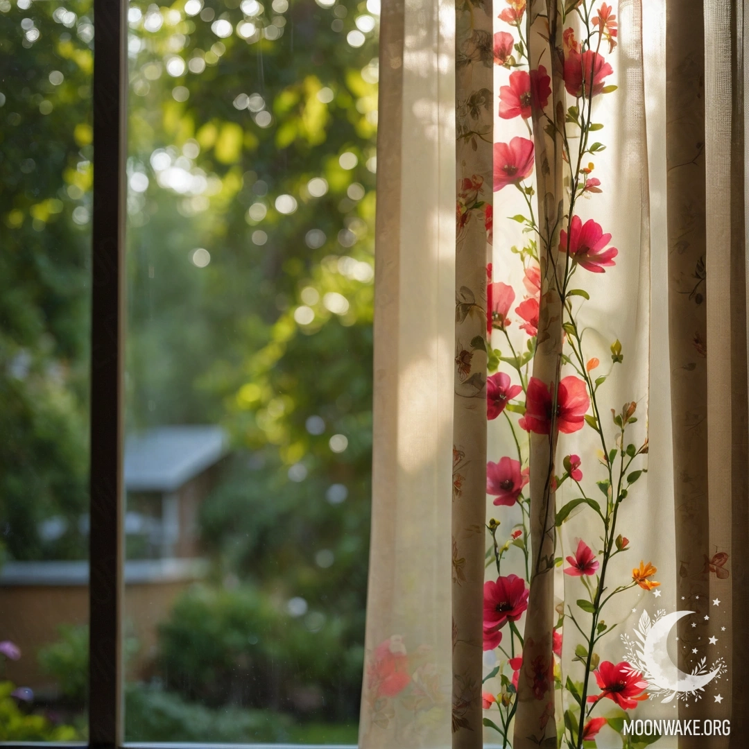 Close-up of a floral print curtain with a blooming garden view.