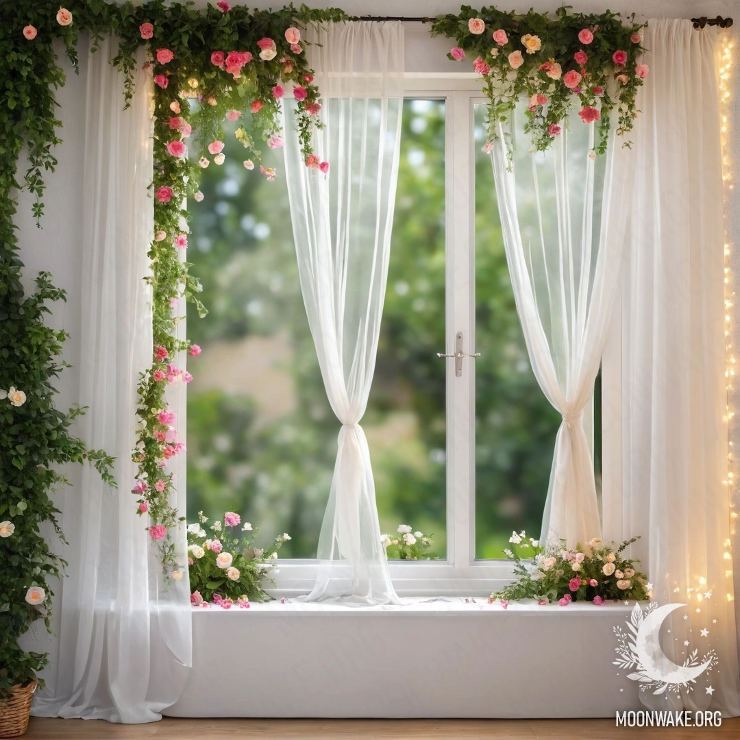 A close-up of a floral curtain with a blooming garden in the background, softly illuminated by garland lights.