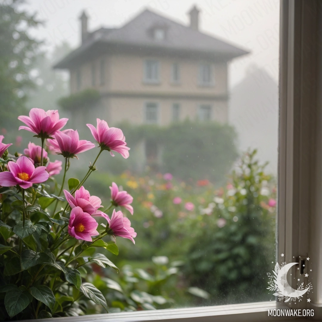 Charming Floral Curtain with a Garden View A close-up of a floral print curtain with a window and a blooming garden in the background.