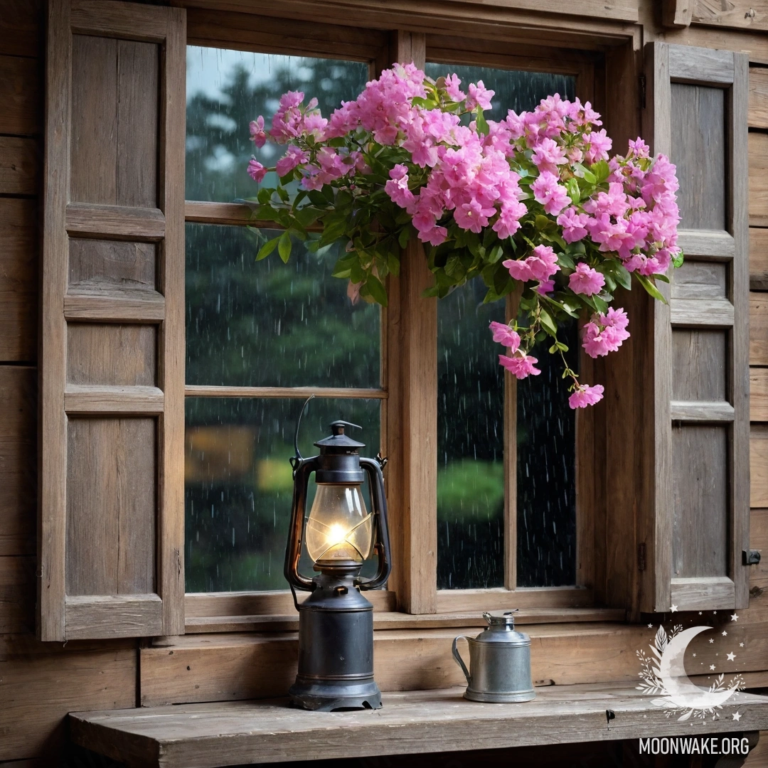 A close-up of a floral print curtain with a window and a blooming garden in the background.