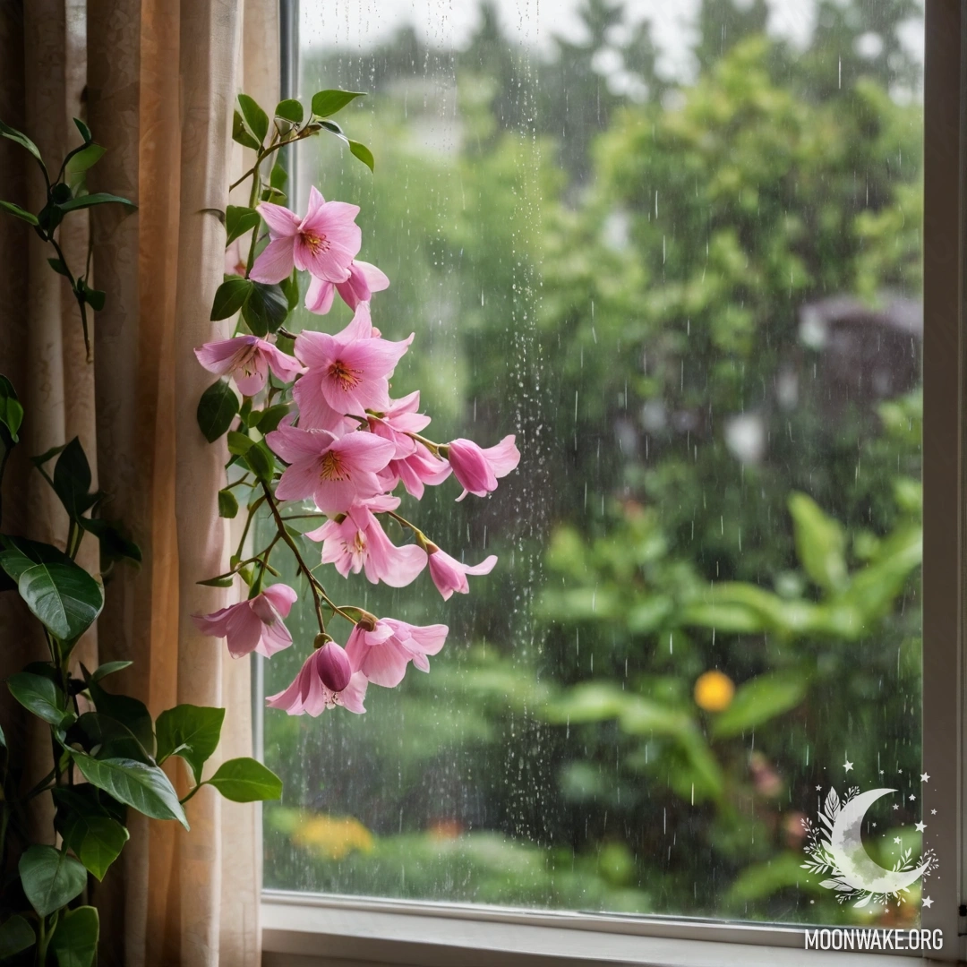 A close-up of a floral print curtain with a blooming garden outside the window, blurred by rain.