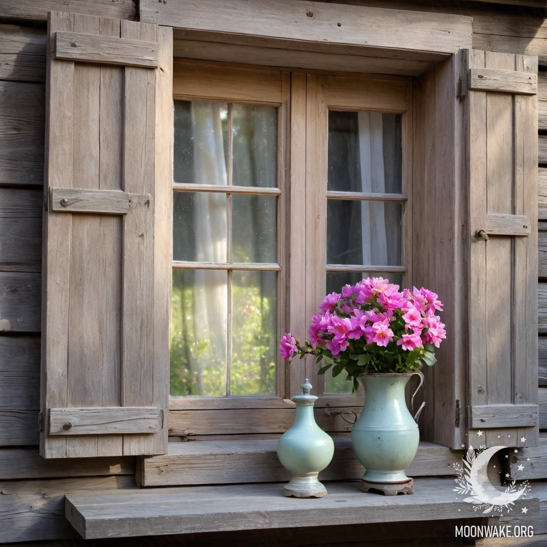A close-up of a floral printed curtain with a blooming garden outside the window in bokeh during sunset.