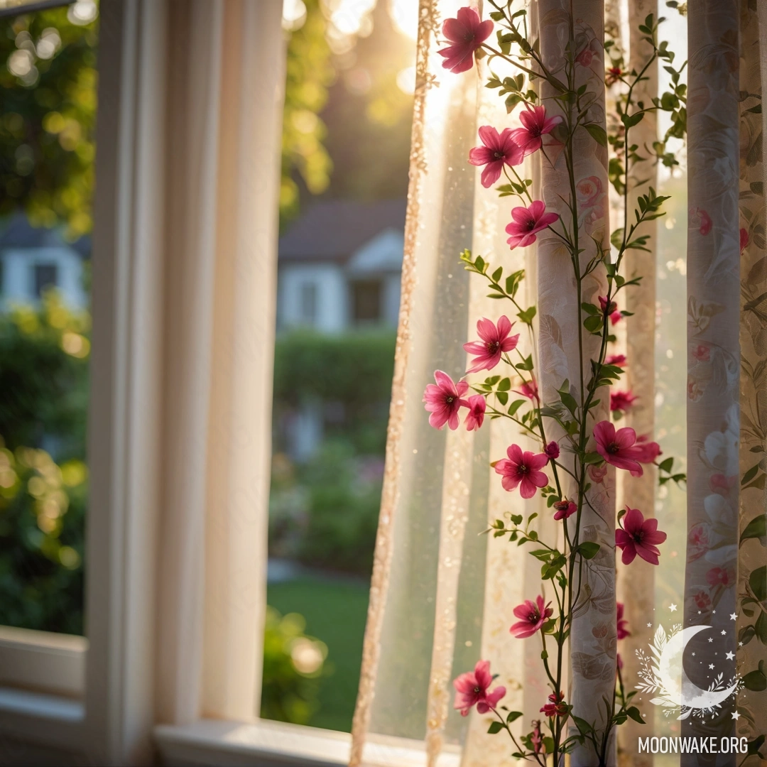 Close-up of a floral curtain with a window behind it, overlooking a blooming garden at sunset.