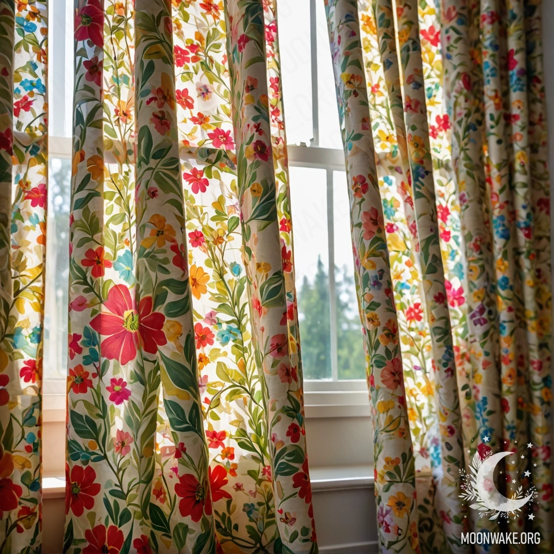 Floral Print Curtain and Blooming Garden A close-up of a floral print curtain with a window behind it, leading to a blooming garden with sun rays.
