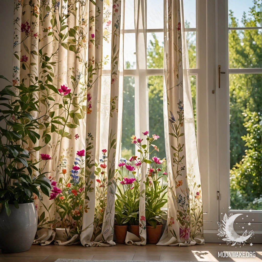 Close-up of a floral printed curtain with a blooming garden in the background.