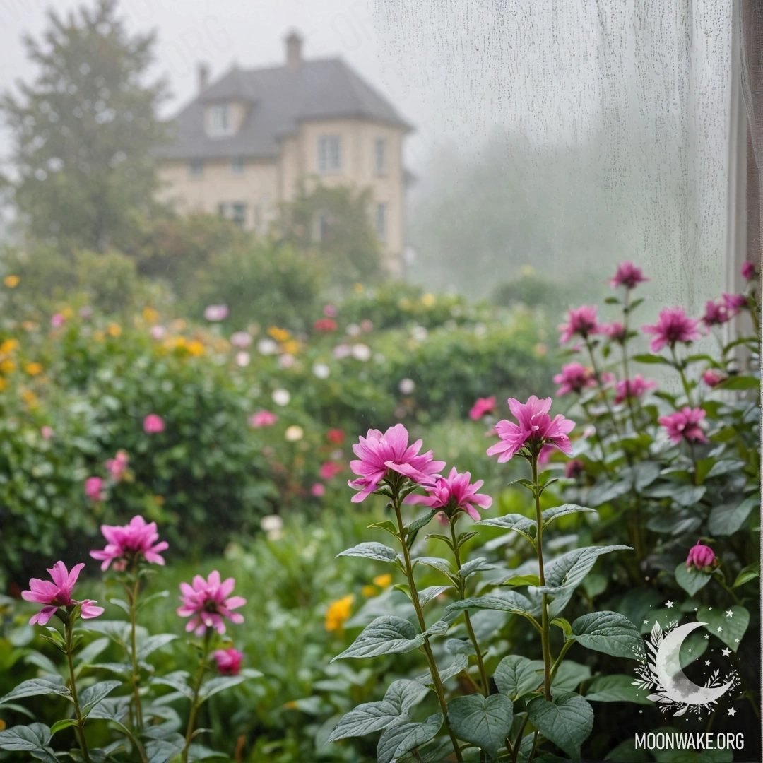 Floral Curtain with Blooming Garden View A close-up of a floral printed curtain draped in front of a window, with a bokeh effect of a blooming garden outside, enveloped in heavy fog.