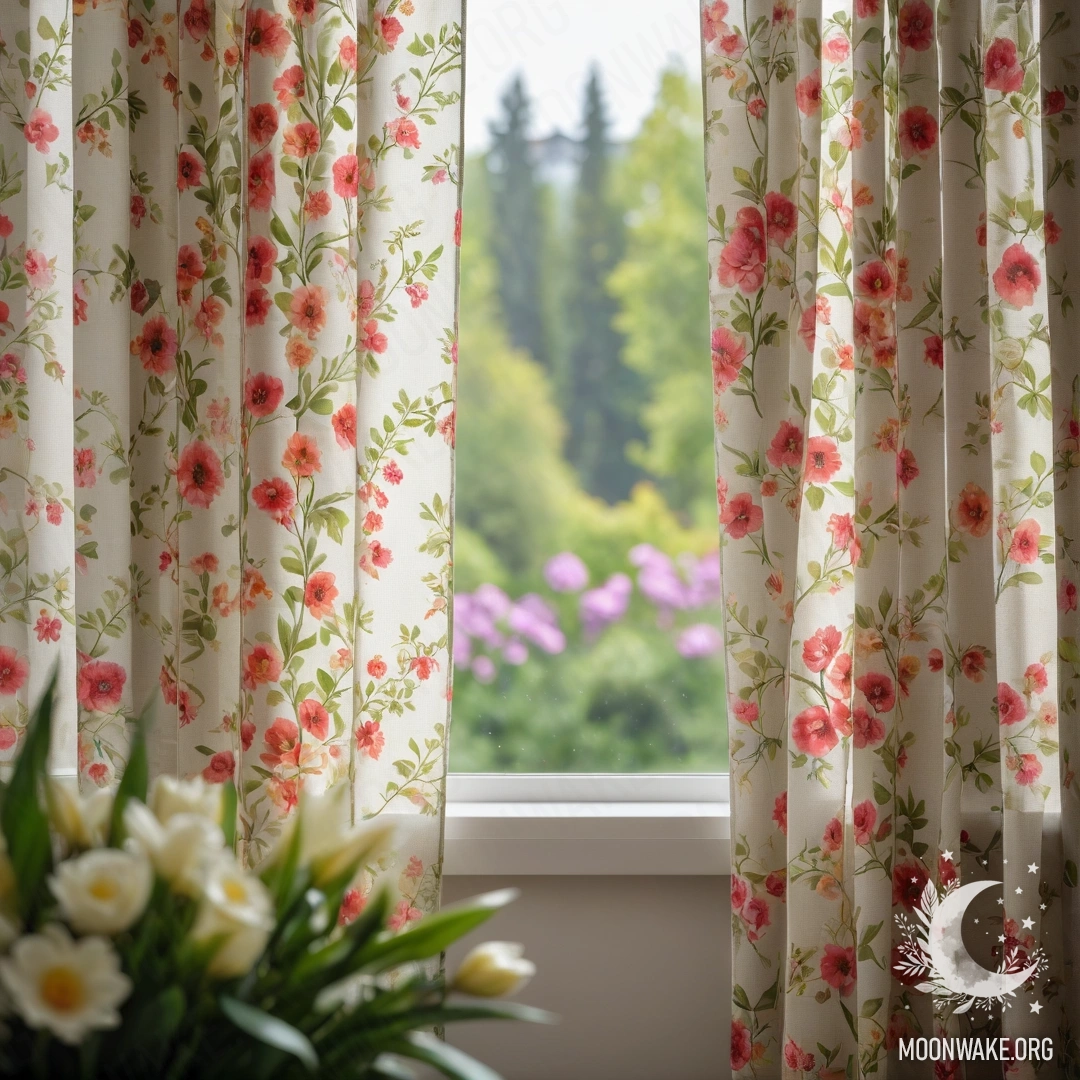 Close-up of a floral print curtain with a window and a blooming garden in the background.