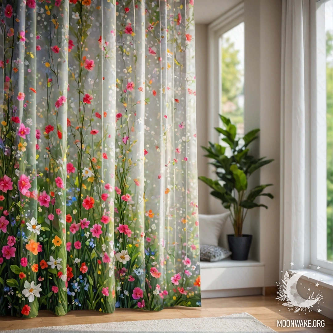 A close-up of a floral printed curtain with a window behind it, revealing a bokeh effect of a blooming garden with garland lights outside.