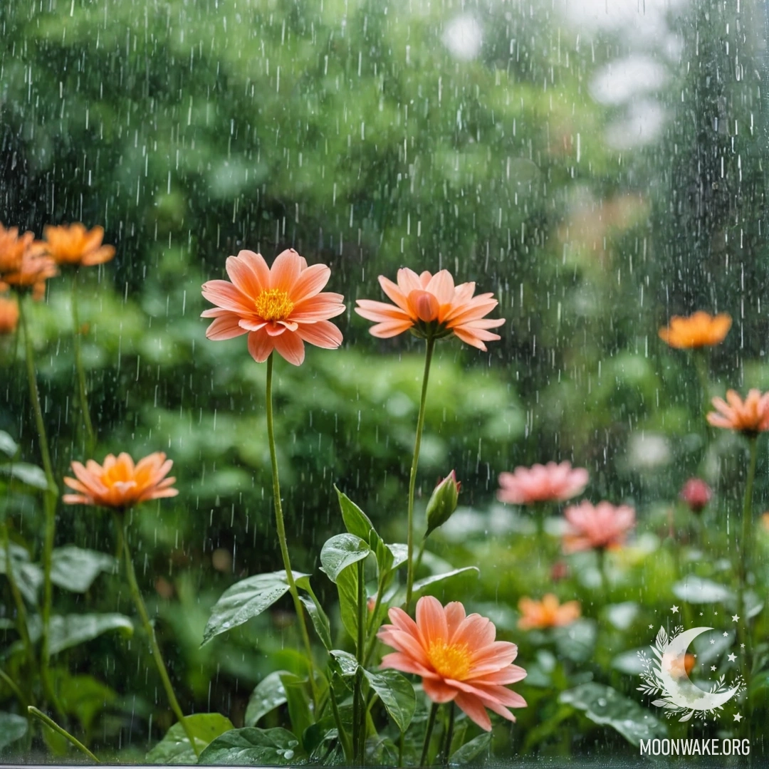 Floral Curtain with Blooming Garden Bokeh Close-up of a floral-printed curtain in front of a window with a blooming garden in soft bokeh under the rain