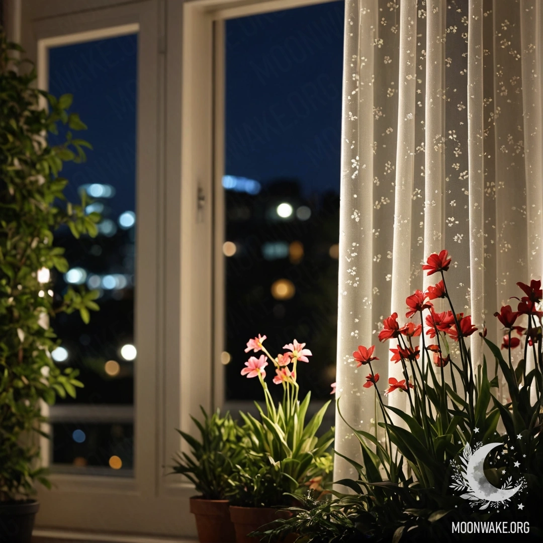 Close-up of a floral print curtain with a bokeh garden view at night.