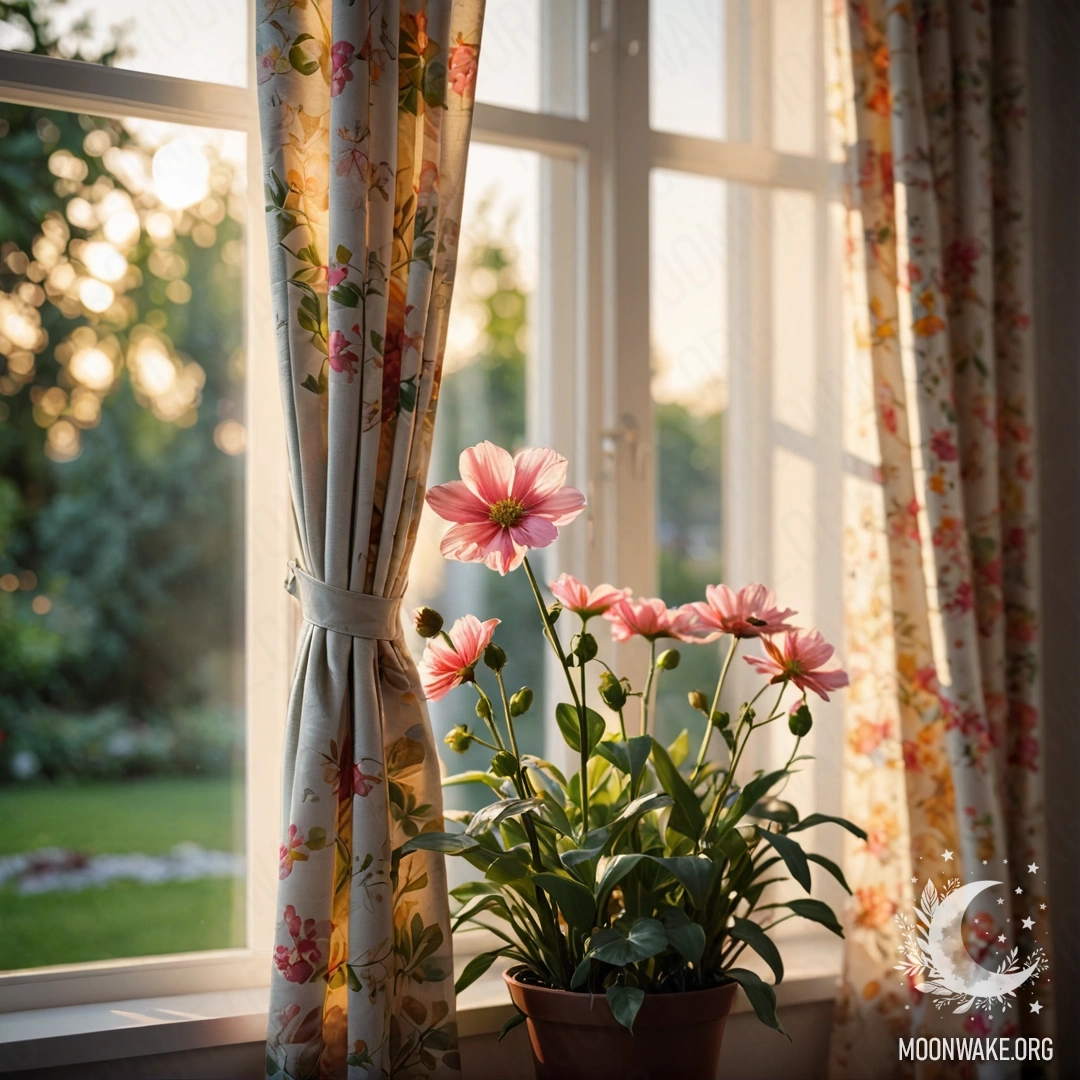 A close-up of a floral print curtain with a blooming garden view outside the window at sunset.