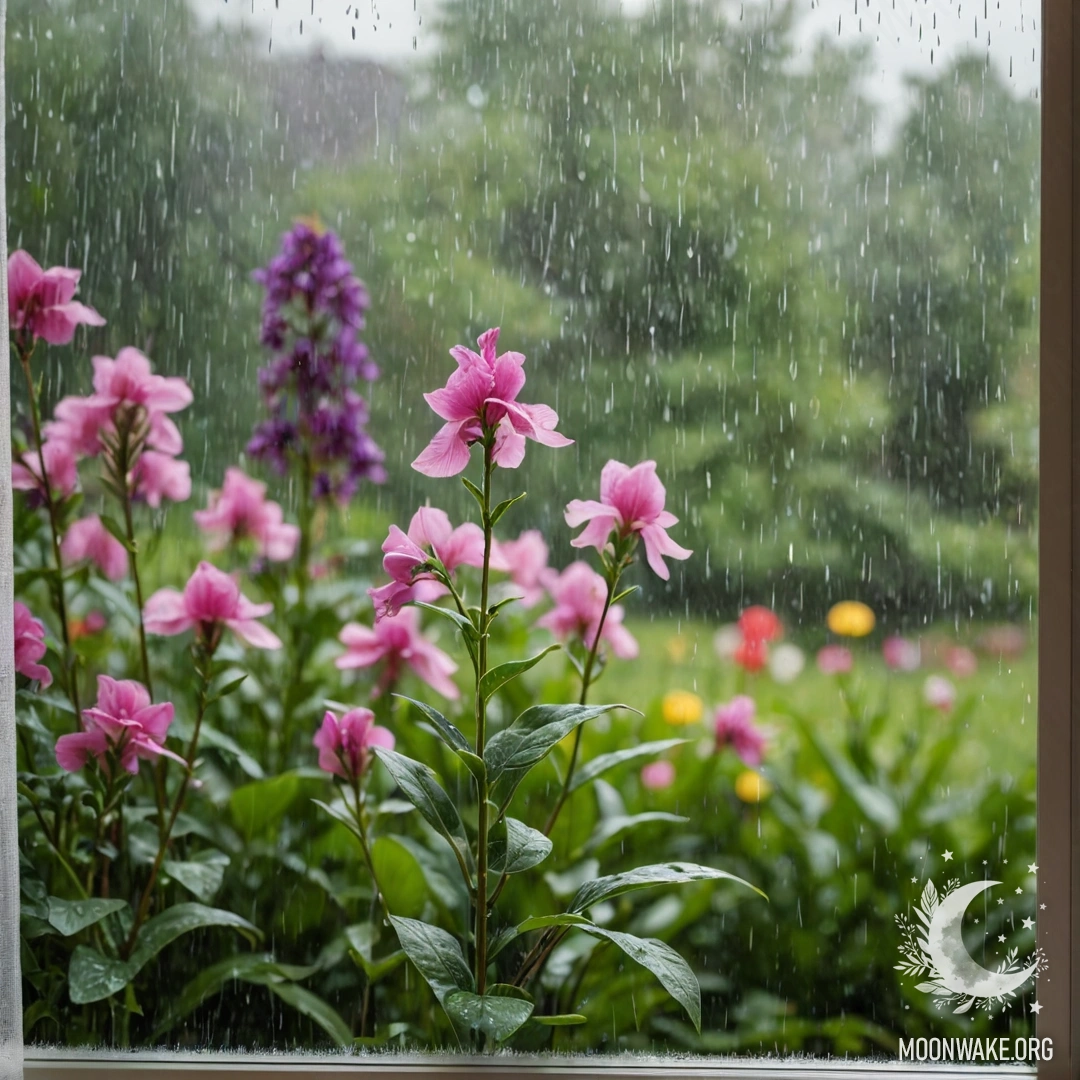 A close-up of a floral print curtain with a window behind it, revealing a blooming garden blurred by rain.