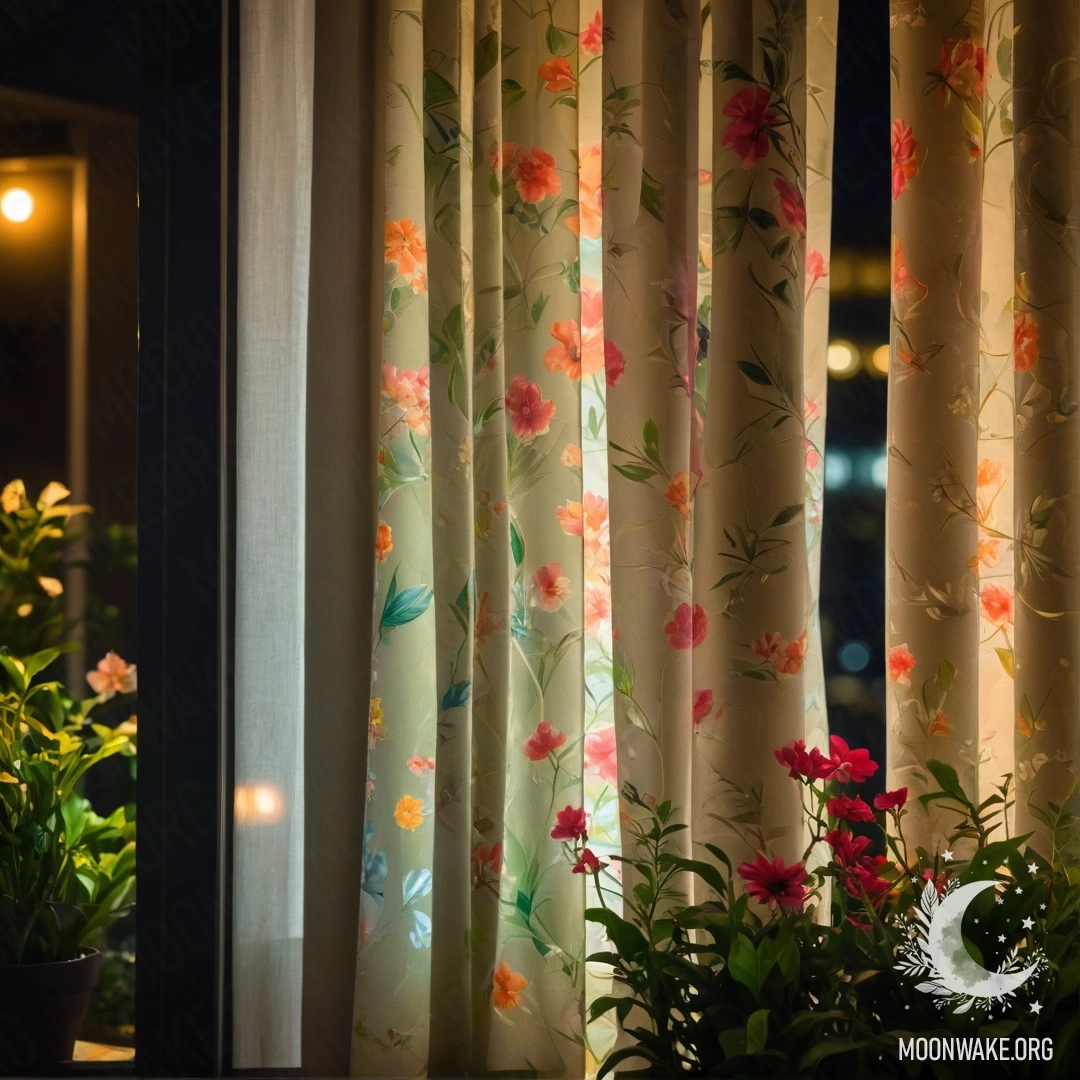 A close-up of a floral print curtain, with a window behind and a bokeh blooming garden outside at night.