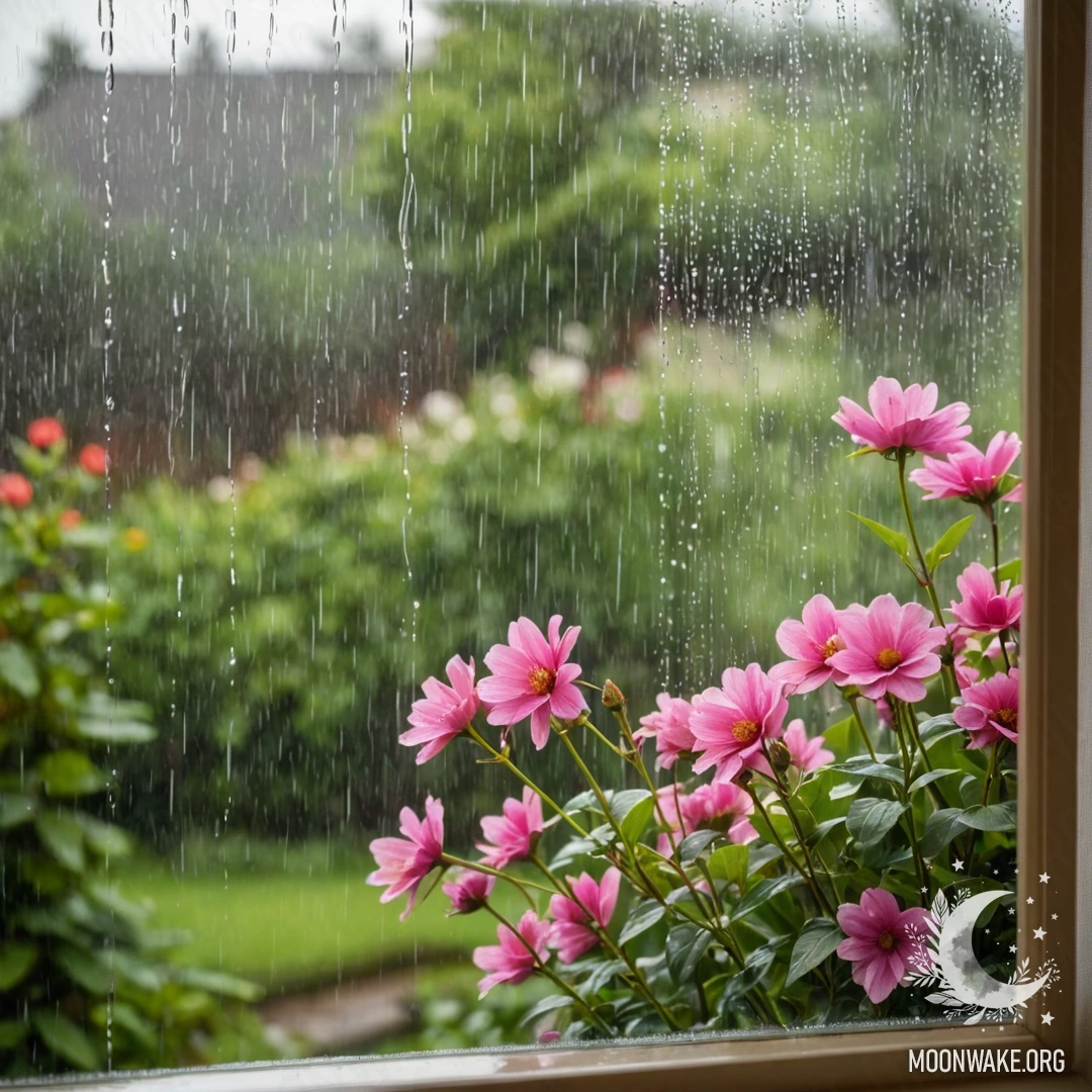 A close-up view of a floral print curtain with a window and a blooming garden in the background, blurred under the rain.