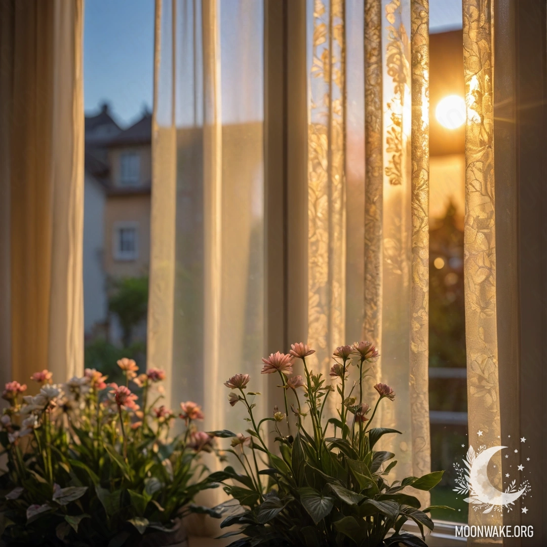 A close-up of an abstract floral print curtain with a window behind it, showing a blooming garden in soft focus during sunset.