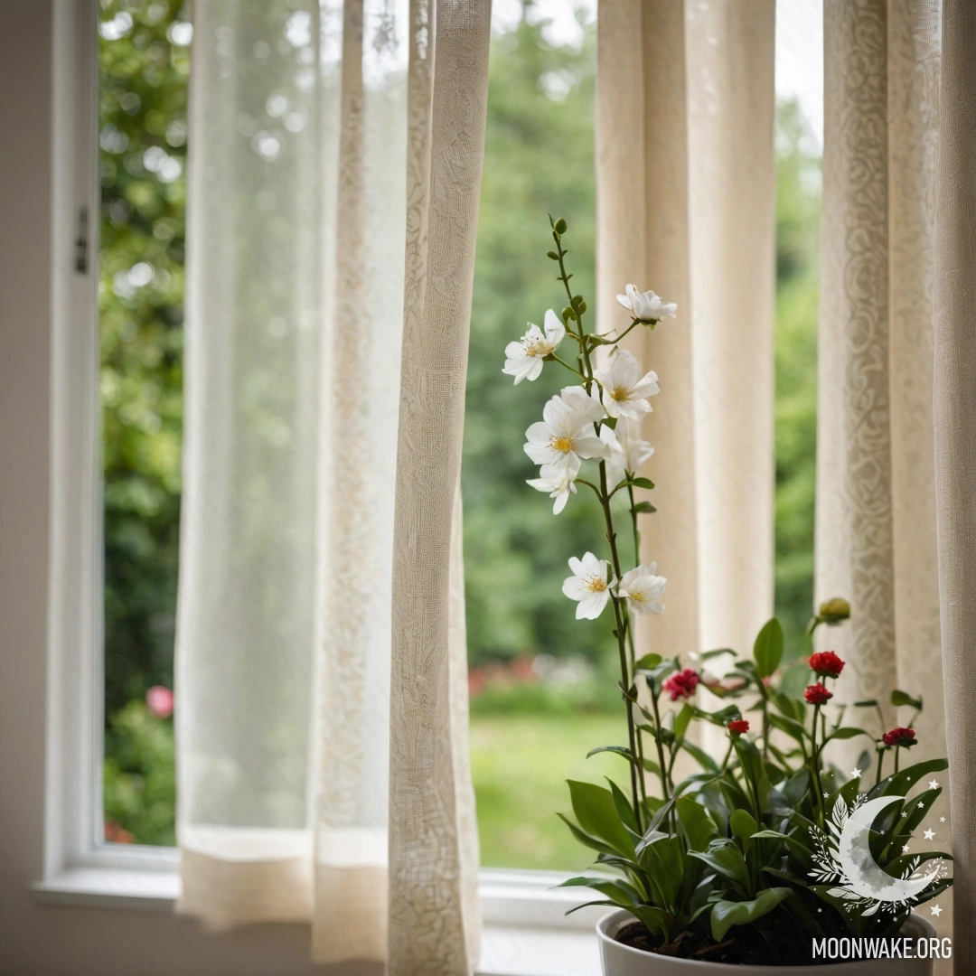 A close-up of a floral print curtain with a blooming garden backdrop, creating a soft bokeh effect.