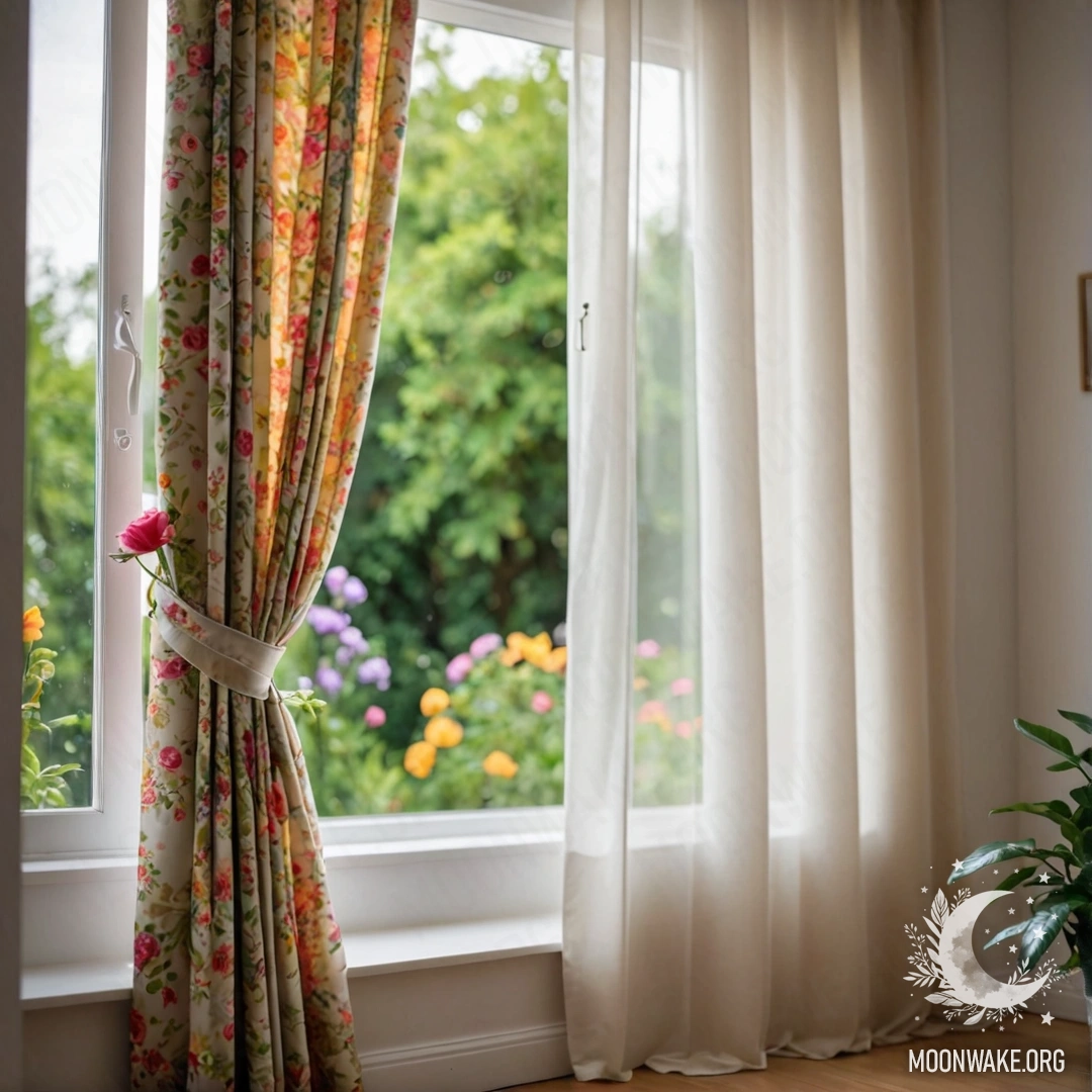 Floral Curtain with Garden View Close-up of a floral printed curtain with a blooming garden outside the window blurred in the background with garland lights.